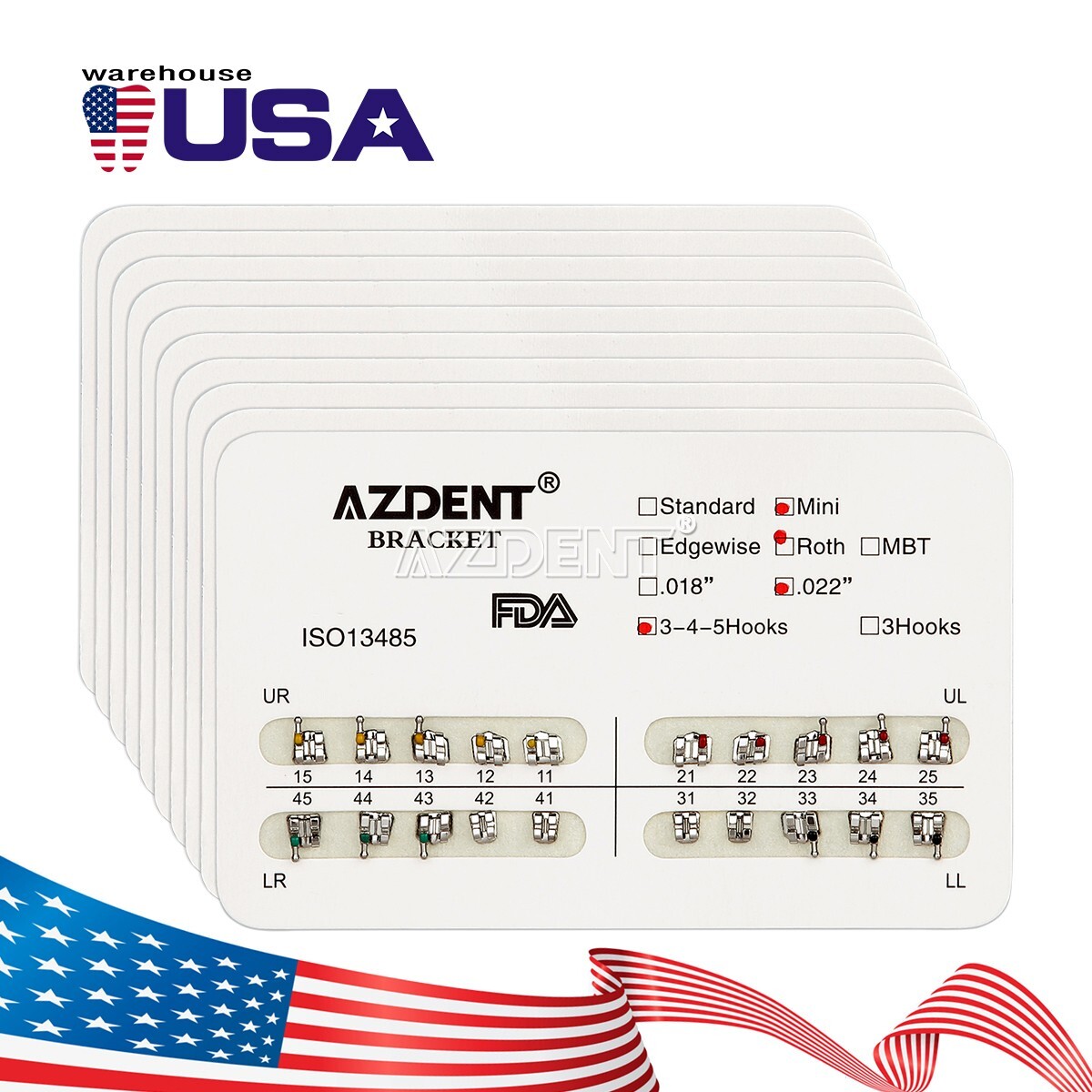 10 Packs AZDENT Dental Orthodontic Brackets Metal Braces Mini Roth.022 Hooks 345