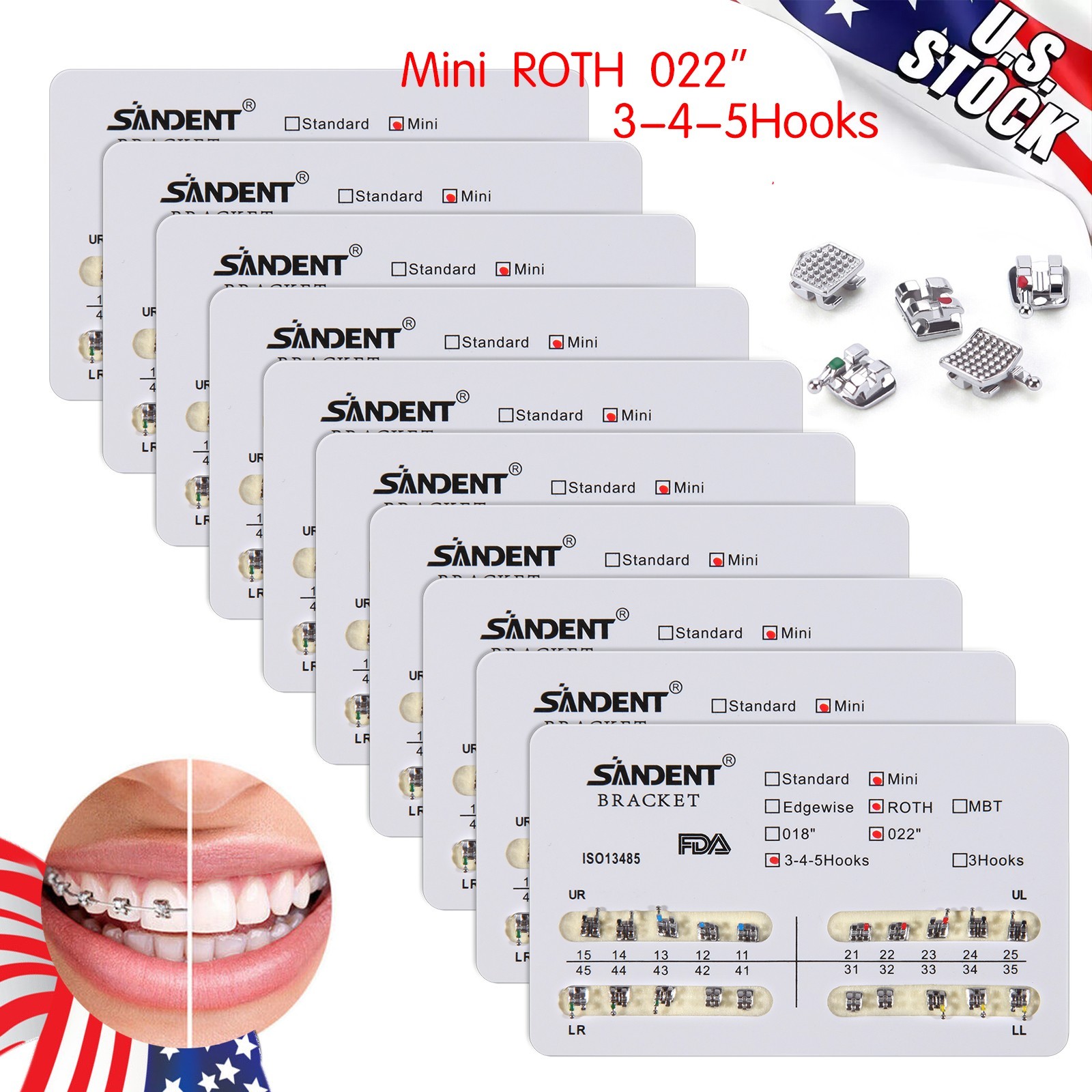 10 Packs Brackets dentales de ortodoncia Mini Roth 022 Ganchos 345