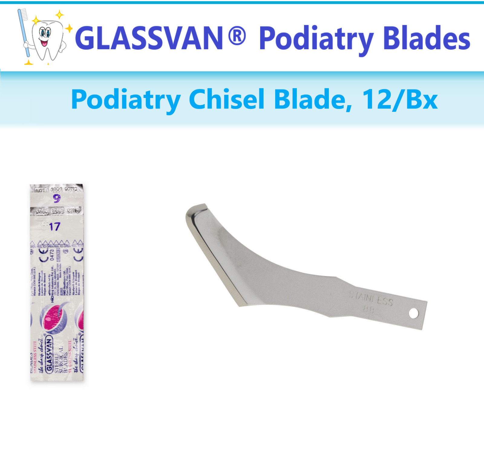 GLASSVAN® Podiatry Blades #9, #81, #88, #313, #314 Podiatry Chisel Blade, 12/Bx