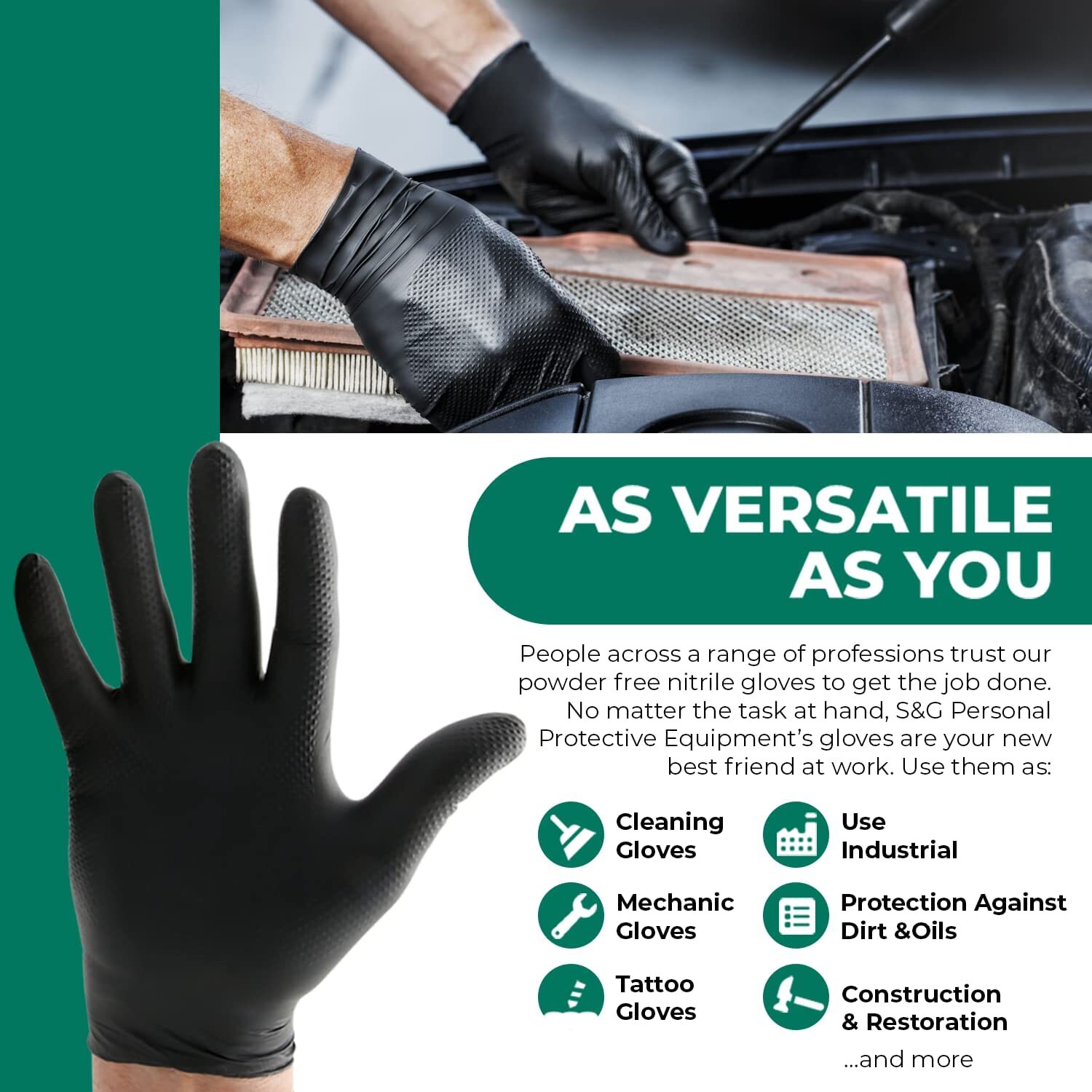S&G Heavy Duty Black Nitrile Disposable Gloves Powder Latex Free 6 Mil M L XL