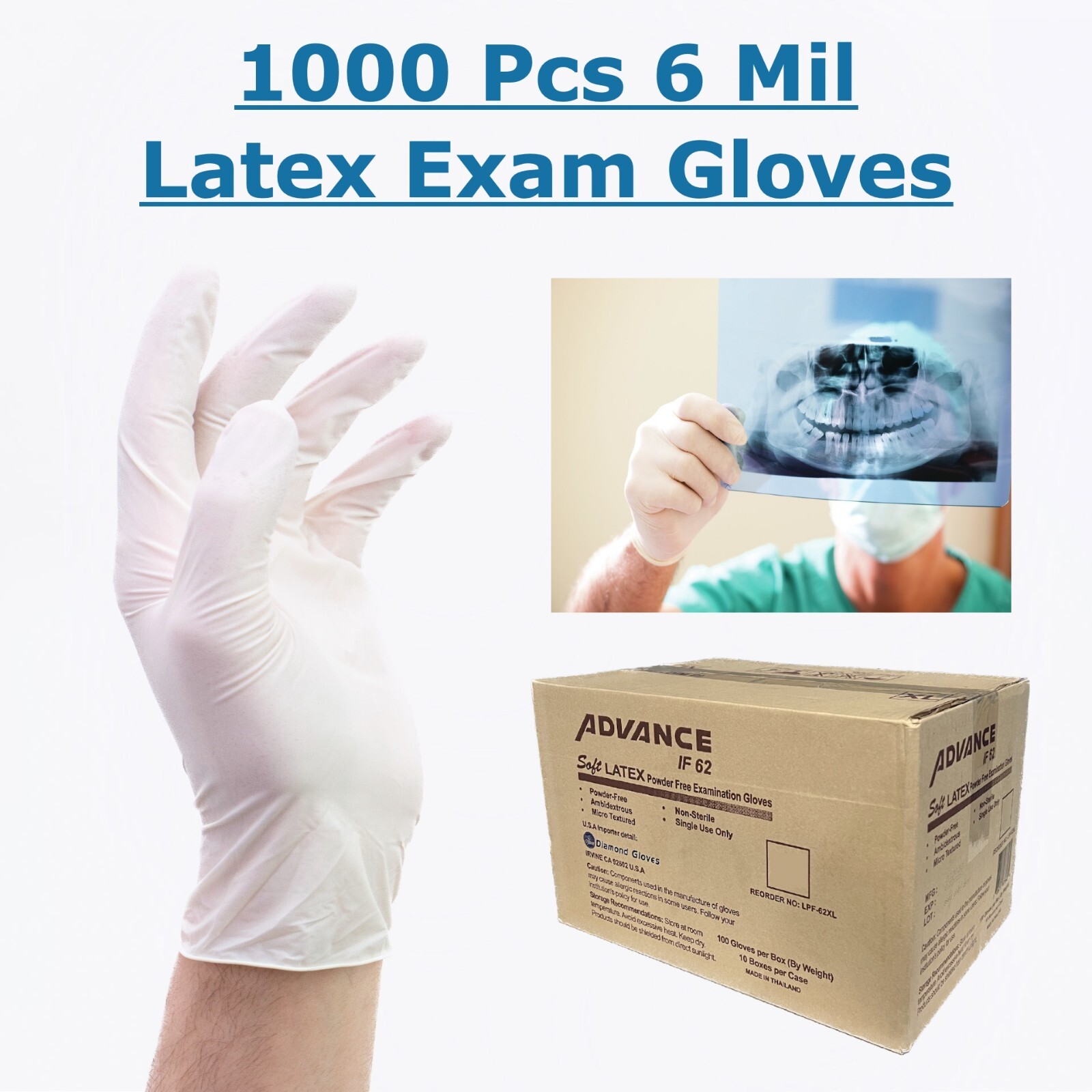 1000 Pcs Latex Exam Gloves White 6 Mil Powder FREE Medical All Size S, M, L, XL