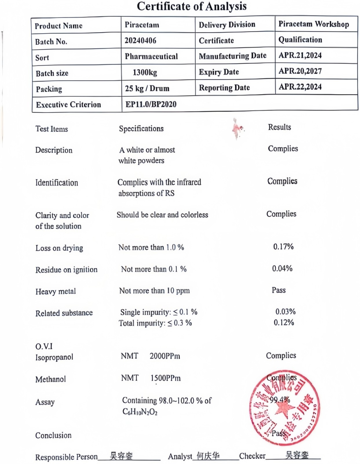 Piracetam, Raw Powder, Purity 99% Min, 1000 Grams, CAS 7491-74-9
