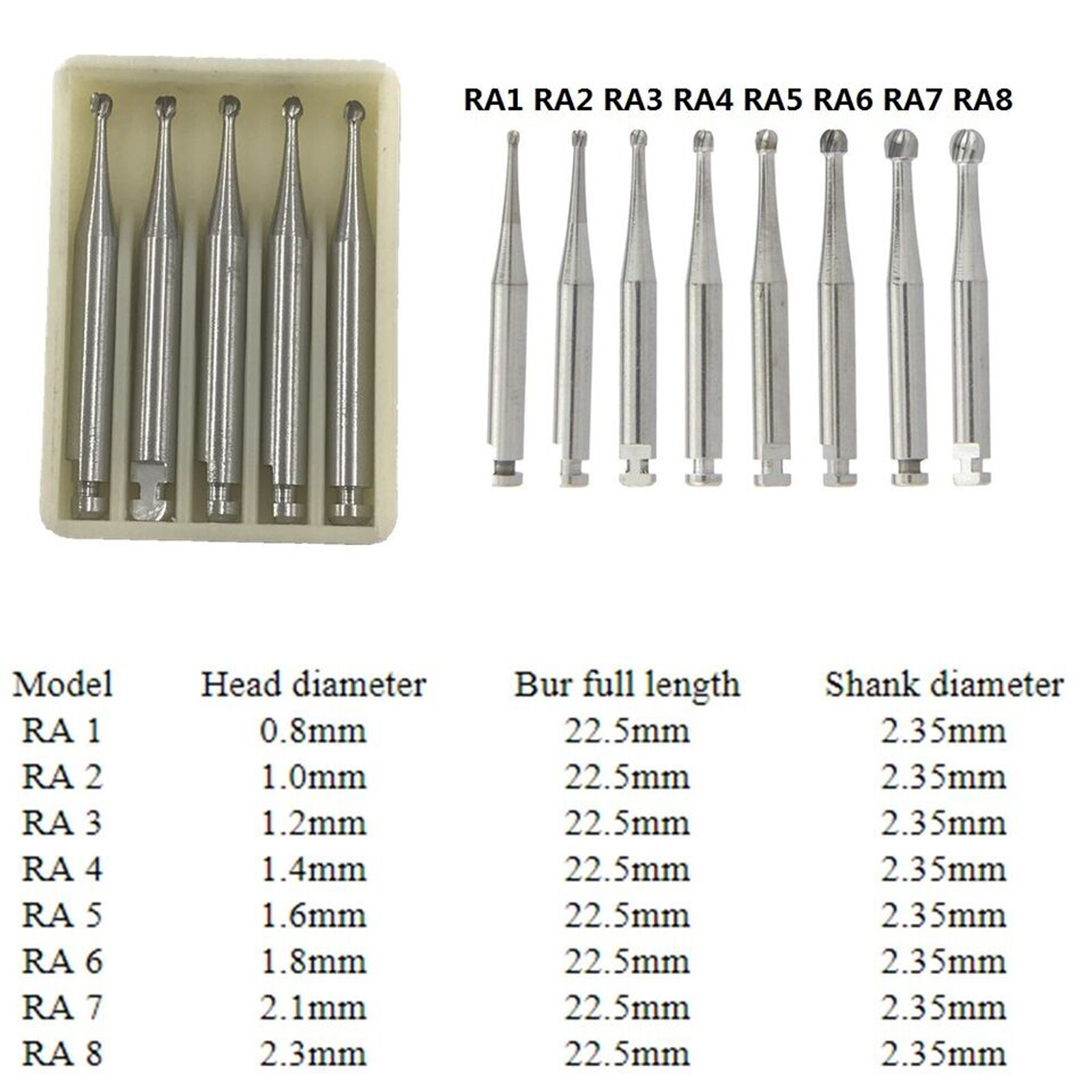 5 Pcs Dental Tungsten Steel Carbide Burs Low Speed Contra Angle Handpiece RA1-8