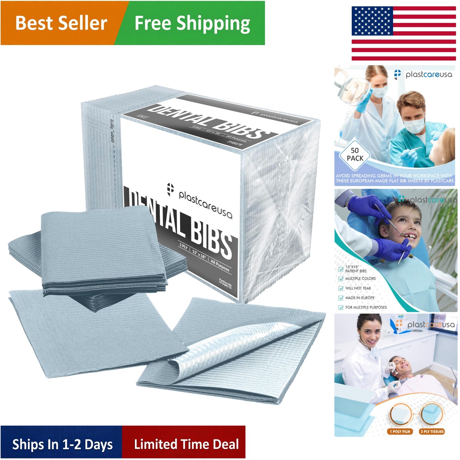 50 Pieces of 3-Ply Gray Waterproof Bibs Perfect for Dental and Tattoo Procedures