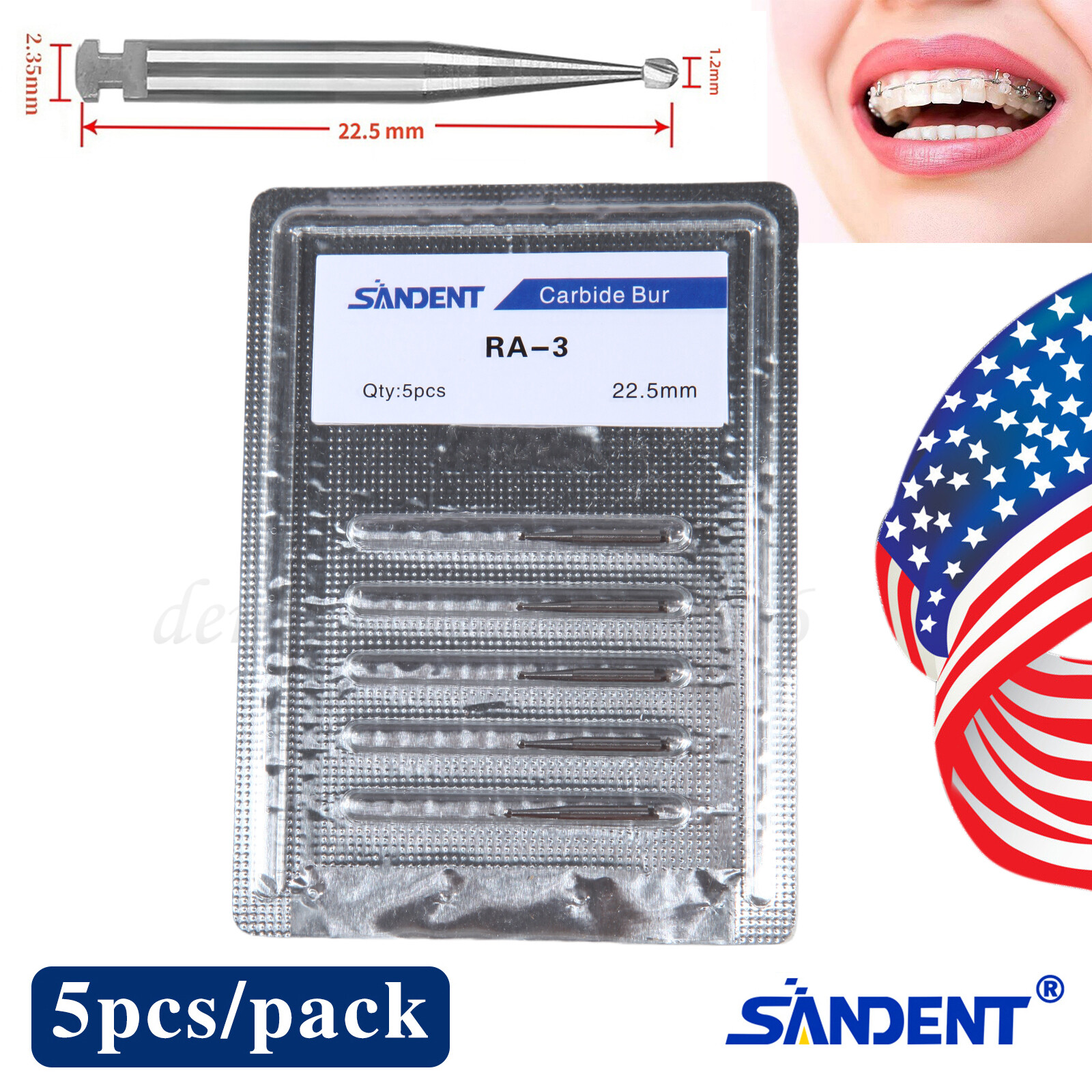 5 Pcs/Pack Dental 22.5mm Round Carbide Bur Slow Speed Latch Type RA3 Burs USA