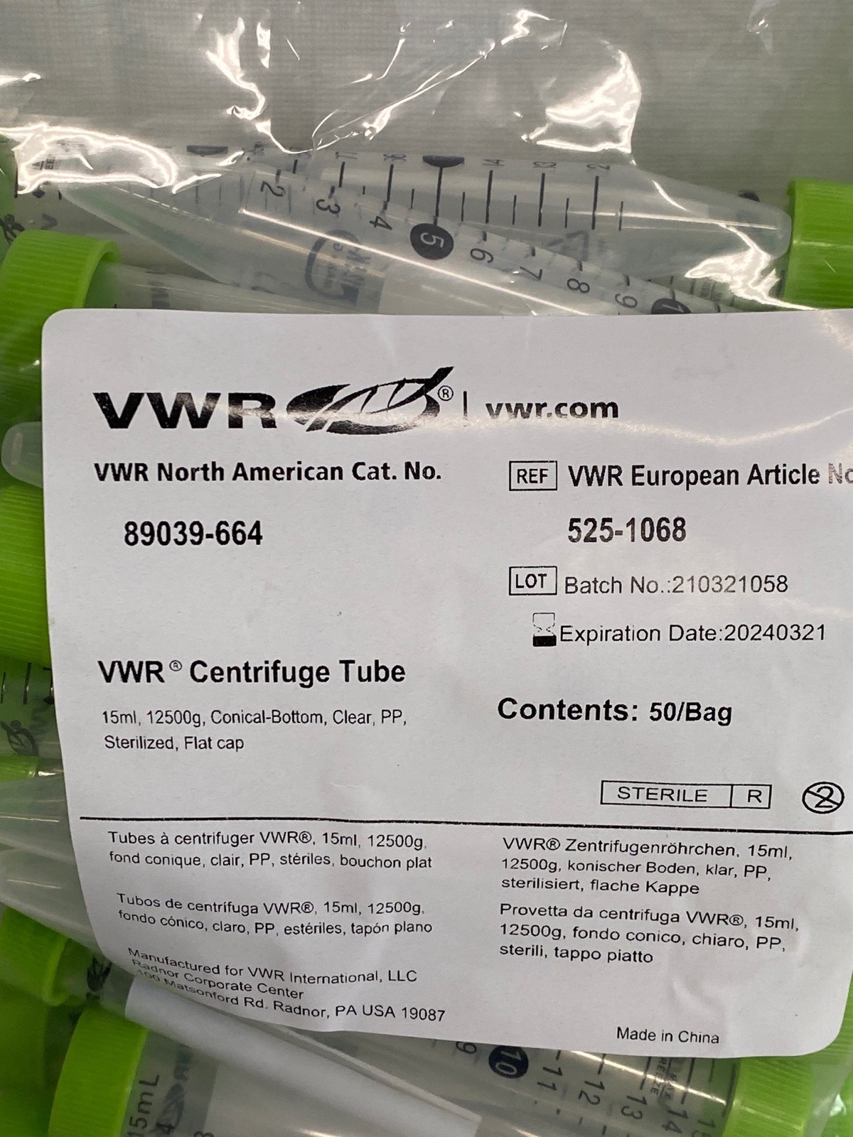 (150) VWR 15mL PP Graduated High Performance Centrifuge Tubes w/Caps 89039-664