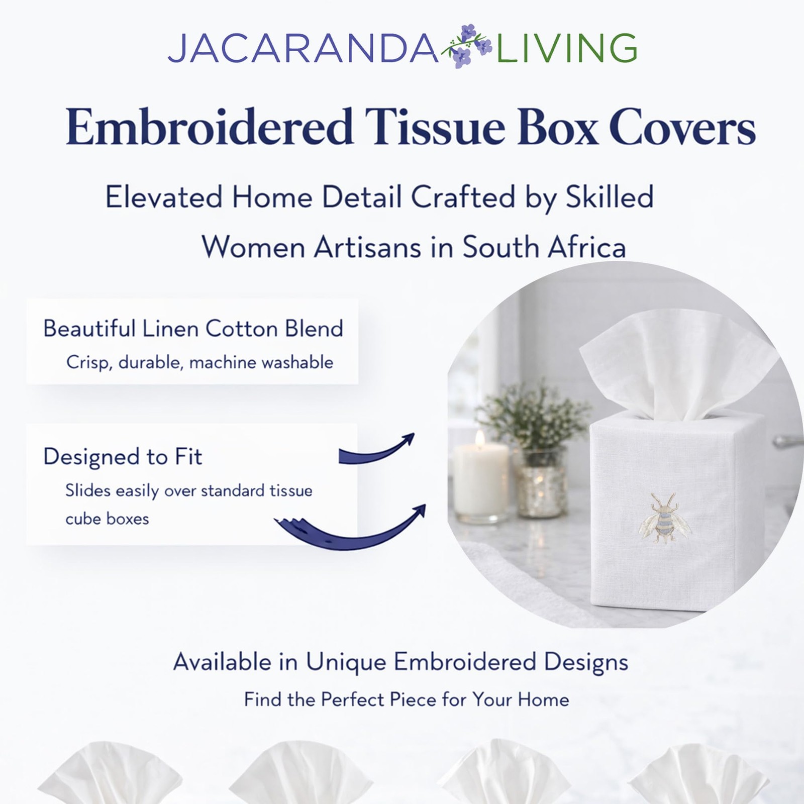 Jacaranda Living Square Tissue Cover Linen/Cotton Fabric Tissue Holder