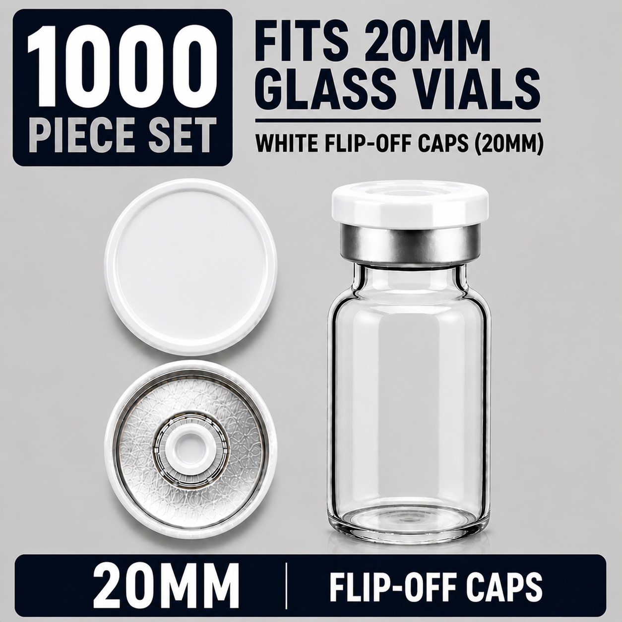 20mm Aluminum Shiny Flip Off Serum Vial Seals + Rubber plugs 1000