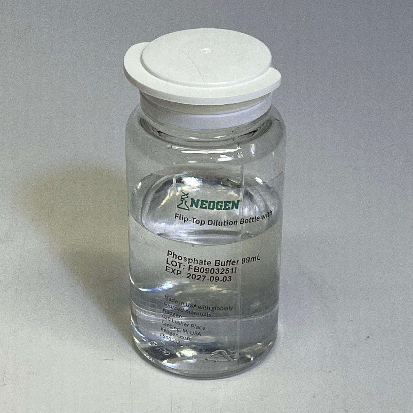 NEOGEN (60 PACK) Flip Top Dilution Bottle W/ Phosphate Buffer 99 mL BB 09/2027