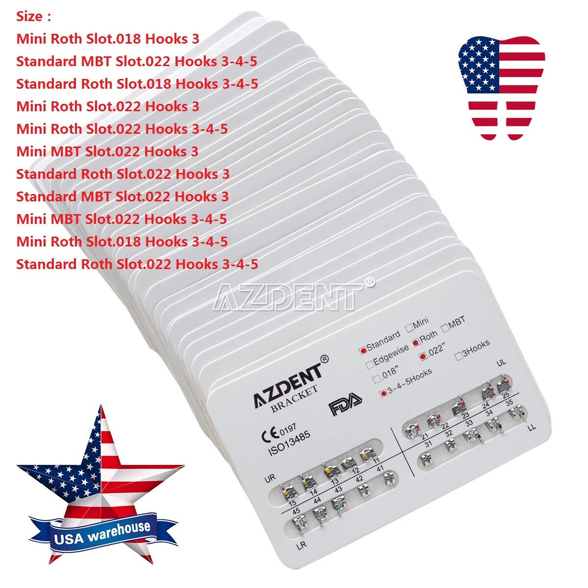 AZDENT Orthodontic Brackets Mini/Standard Roth/MBT Slot 0.022/0.018 Hook3/3-4-5