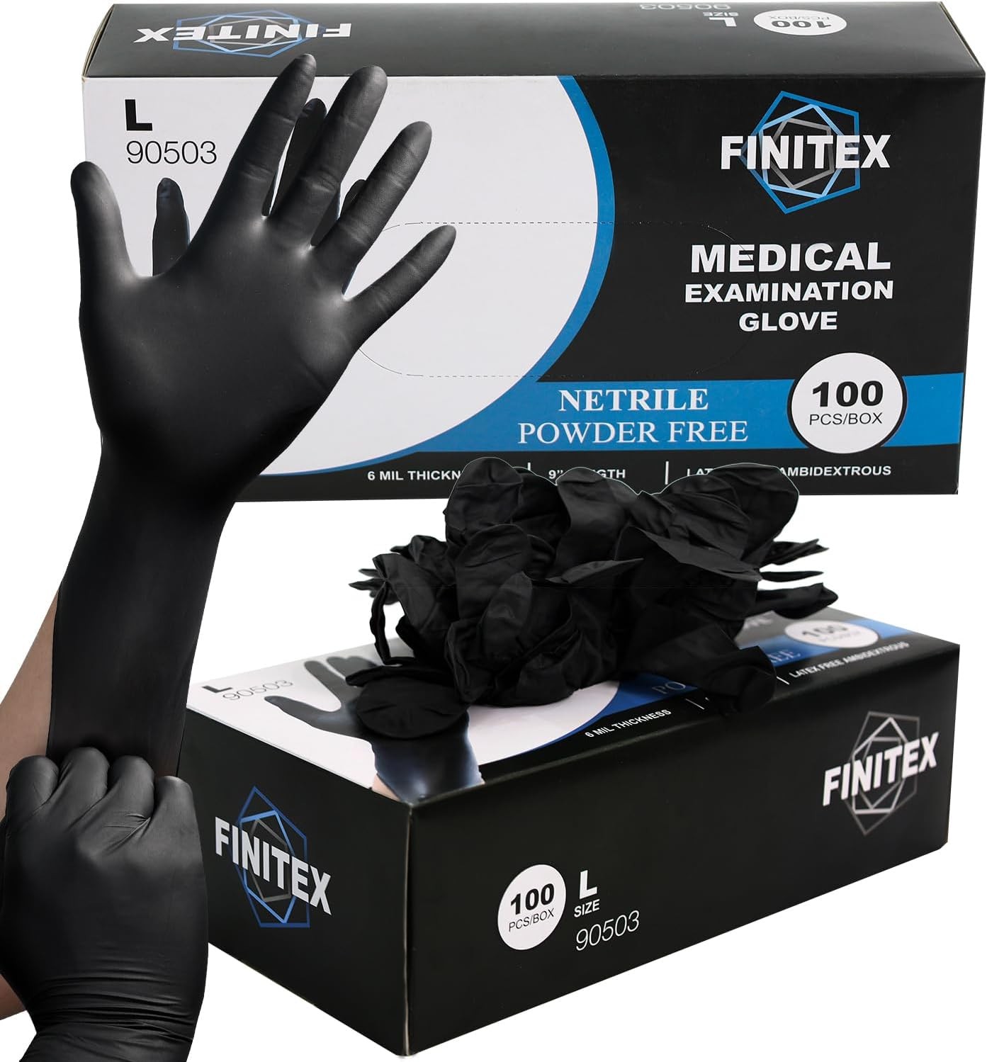 FINITEX Black Nitrile Disposable Medical Exam Gloves – 100/1000 PCS 6.3mil Po…