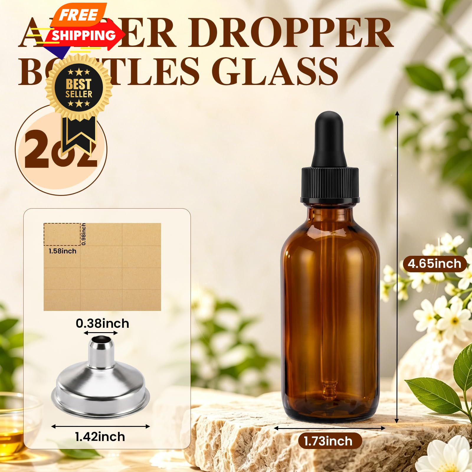 skaqwuan 2 oz Glass Dropper Bottles with 3 Stainless Steel Funnels & 12 amber