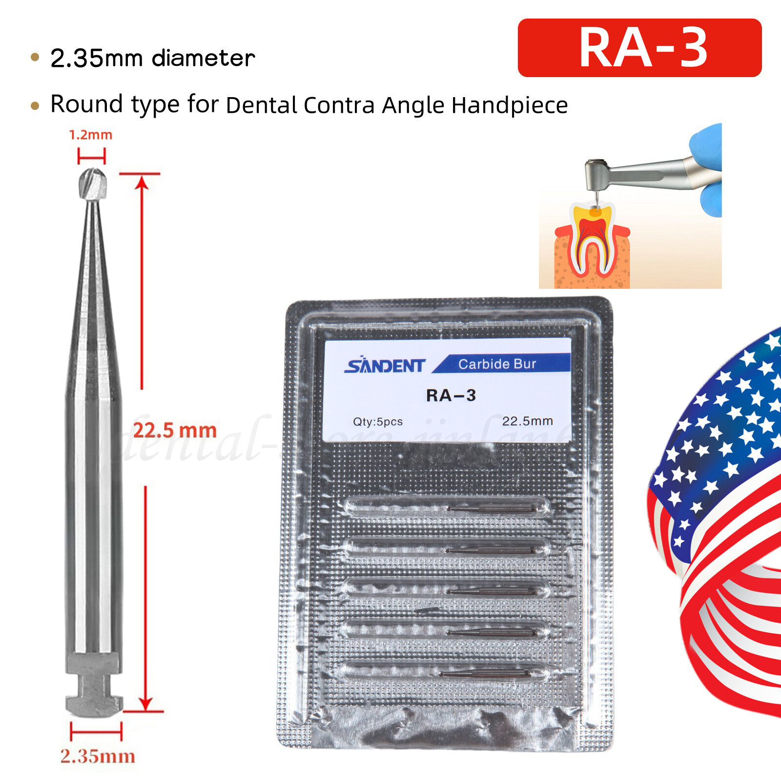 5 Pcs/Pack Dental 22.5mm Round Carbide Bur Slow Speed Latch Type RA3 Burs USA