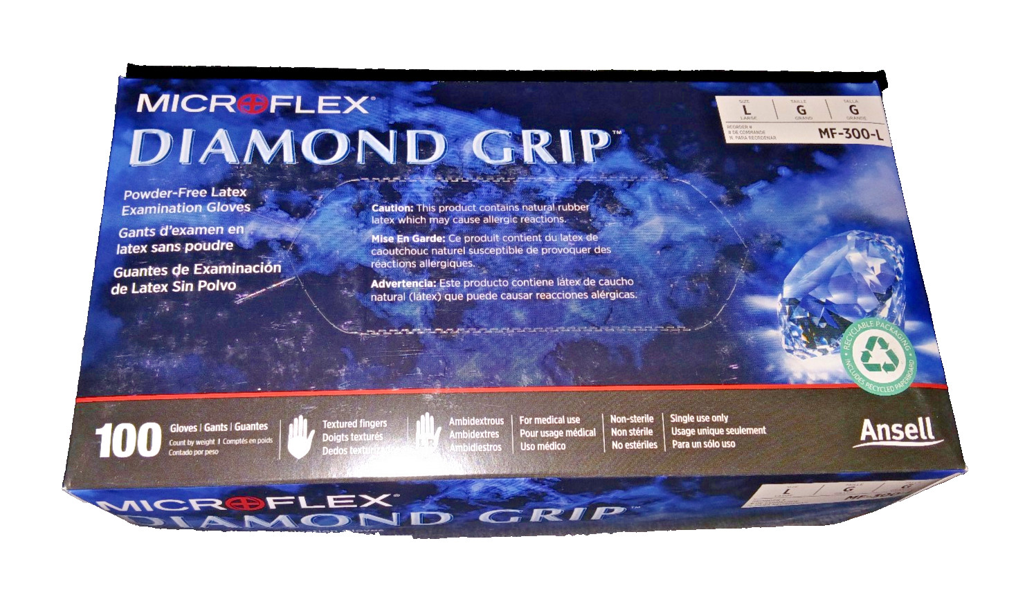 Microflex MF-300-L Ansell Diamond Grip Latex Gloves Large Textured 100 Count