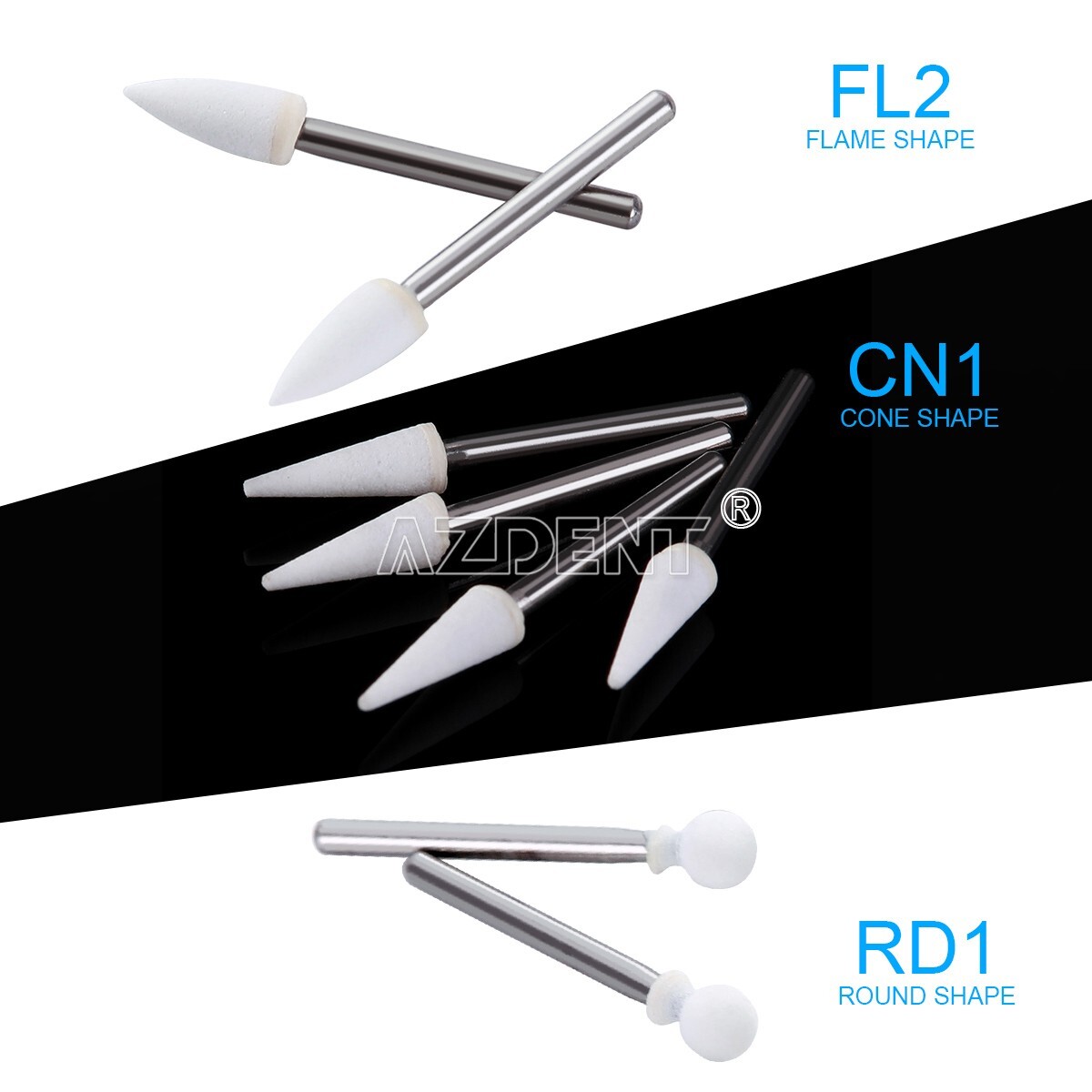 AZDENT Dental Mounted White Stone Polishing Burs FG Polisher For High Speed