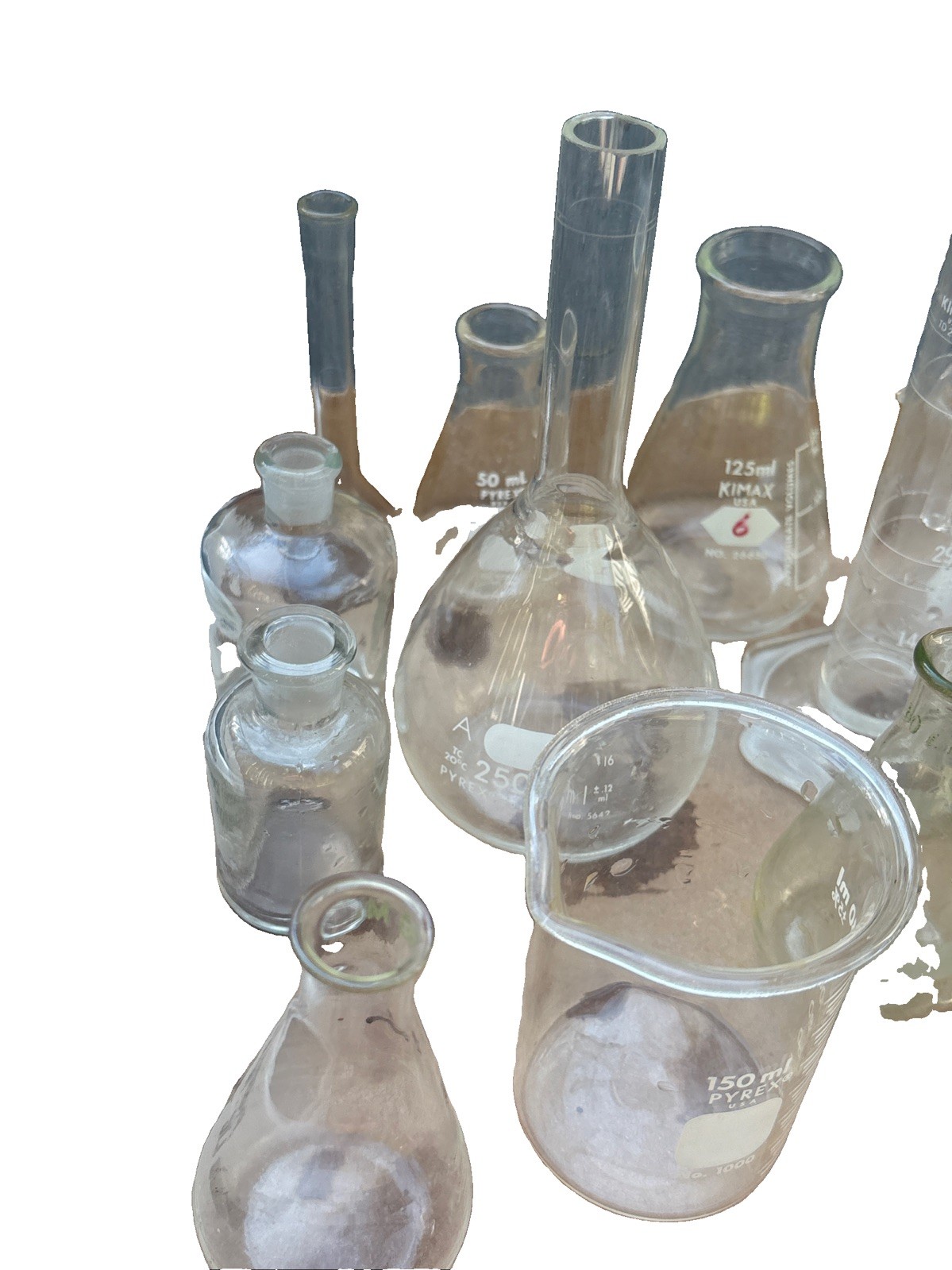 Pyrex & Kimex Glass Vacuum Flasks Beakers Tubes Lids Lab Chemistry Lot