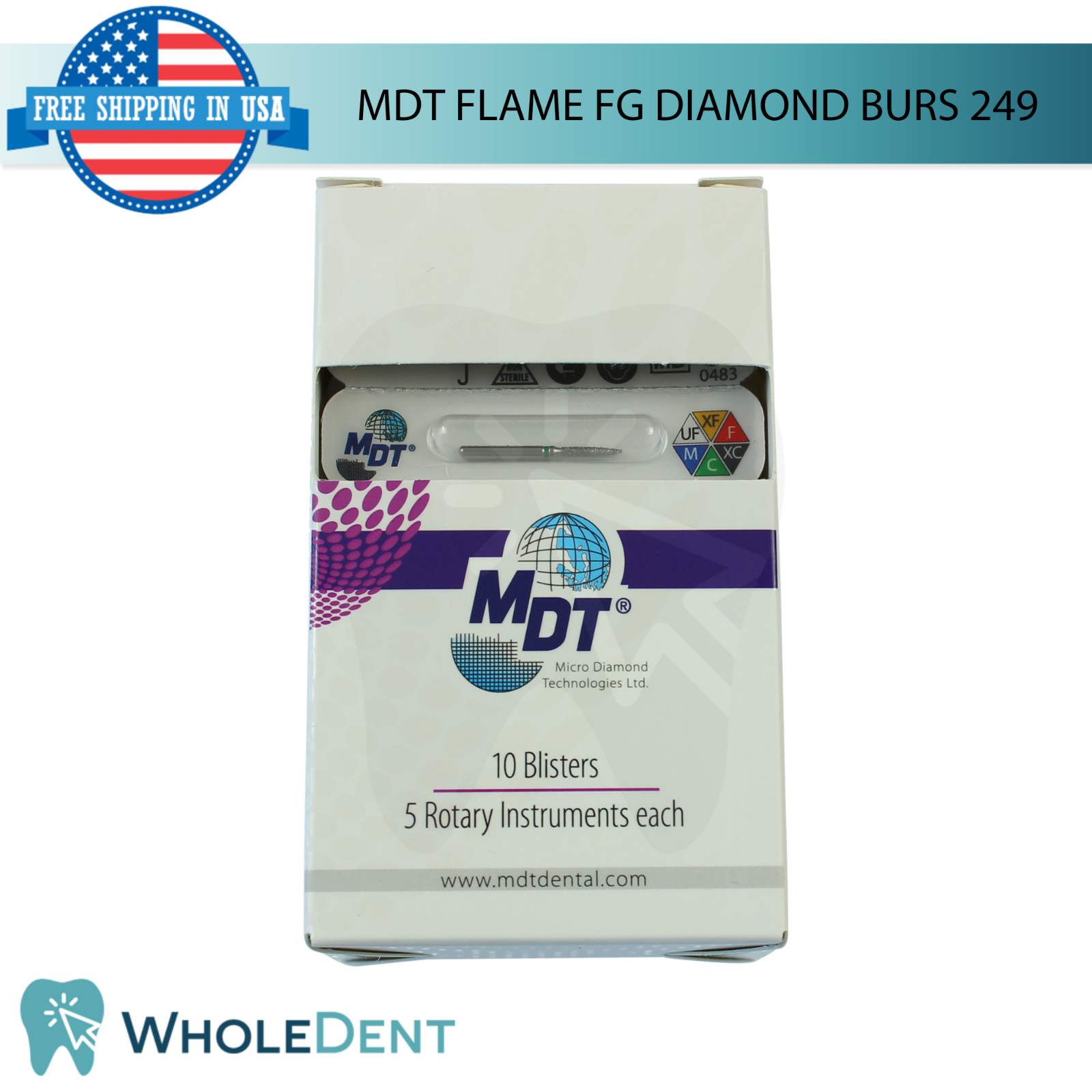 Dental MDT Flame 249 FG Diamond Burs Slender L22.0mm Smooth Polished Finish