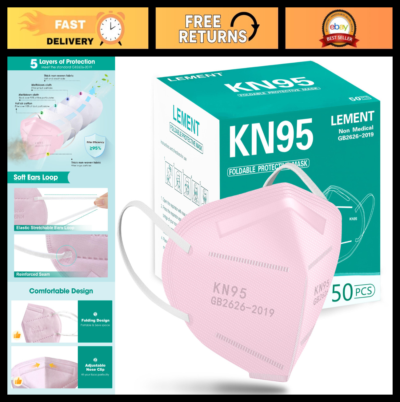 50 Pack 5-Ply KN95 Face Masks, Breathable Disposable Dust Masks for Adults, Pink