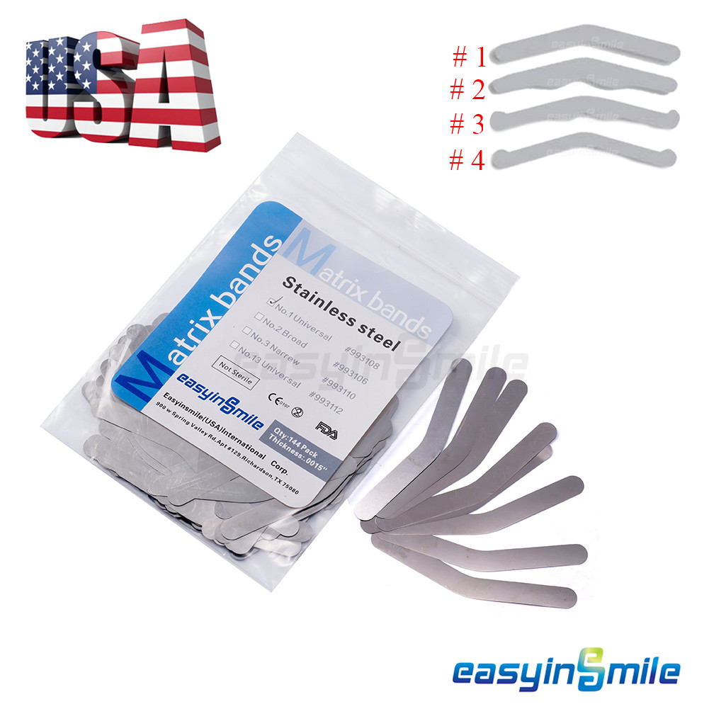 144X EASYINSMILE Dental Tofflemire Stainless Steel Matrix Bands0.015’0.04mm #1-4