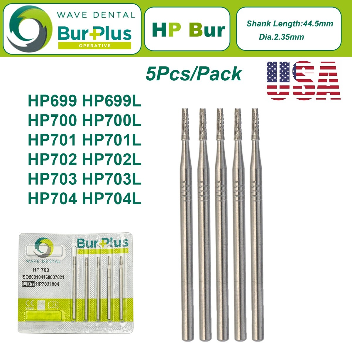 US WAVE Dental Tungsten Carbide Burs Dentistry Drills Dental Bur HP Dia 2.35mm