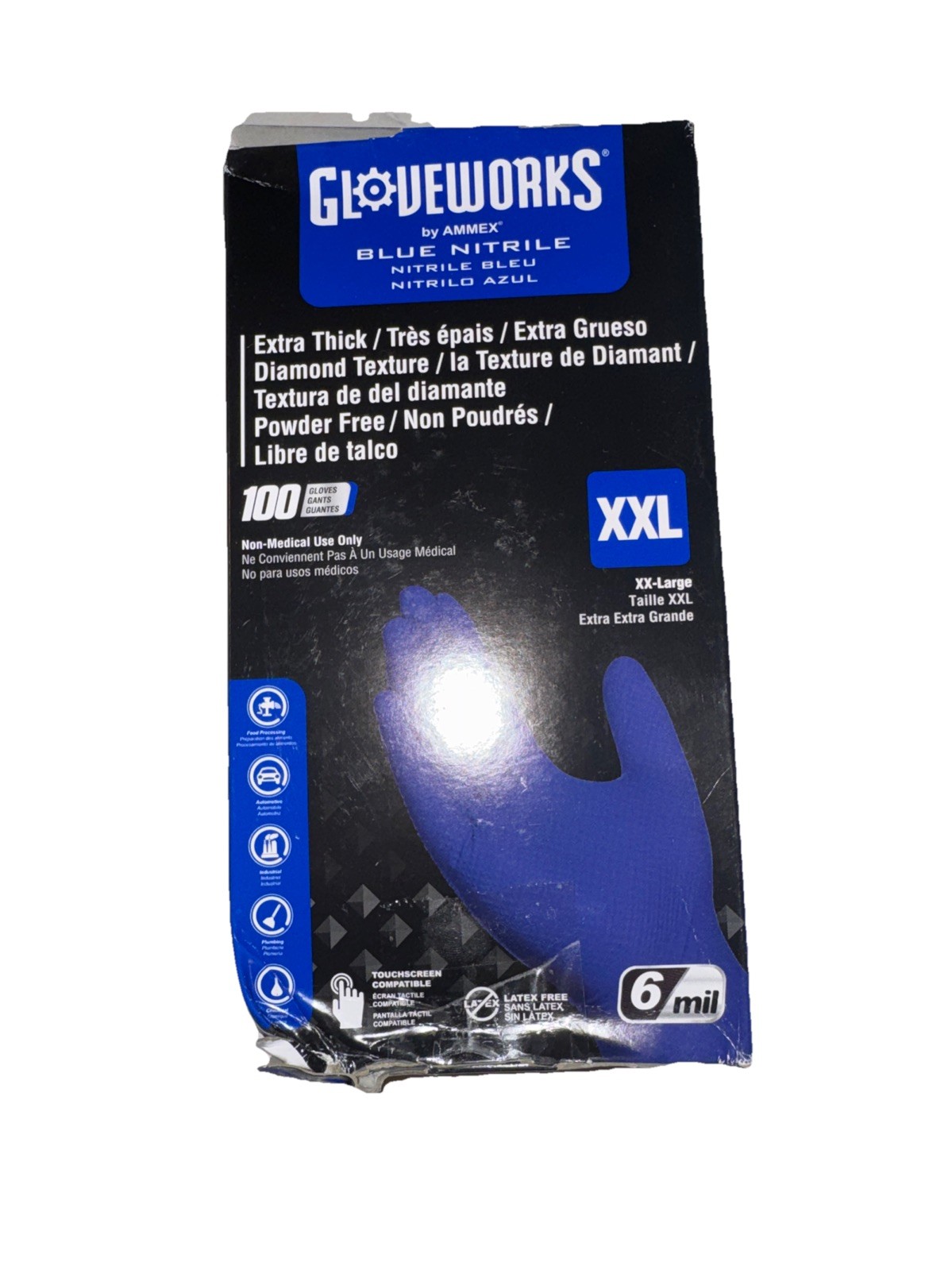 Ammex GWRBN49100 Gloveworks Blue Nitrile Powder Free Industrial Gloves, 6 Mil