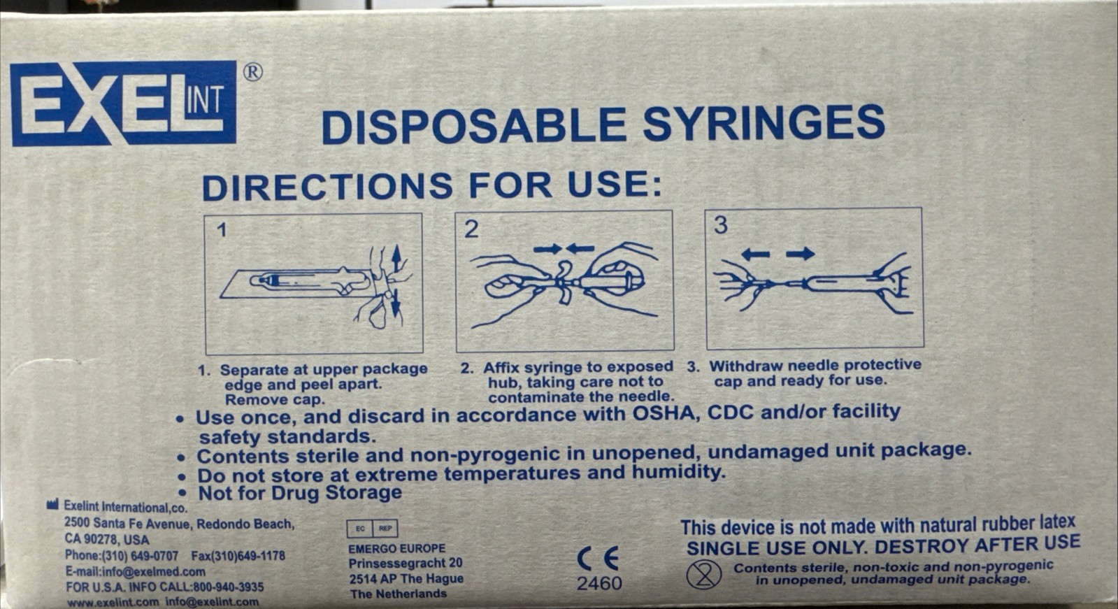 1ml Syringe Only, Luer Lock Tip, Sterile Without Needle, Exel #26050, 100/Box.