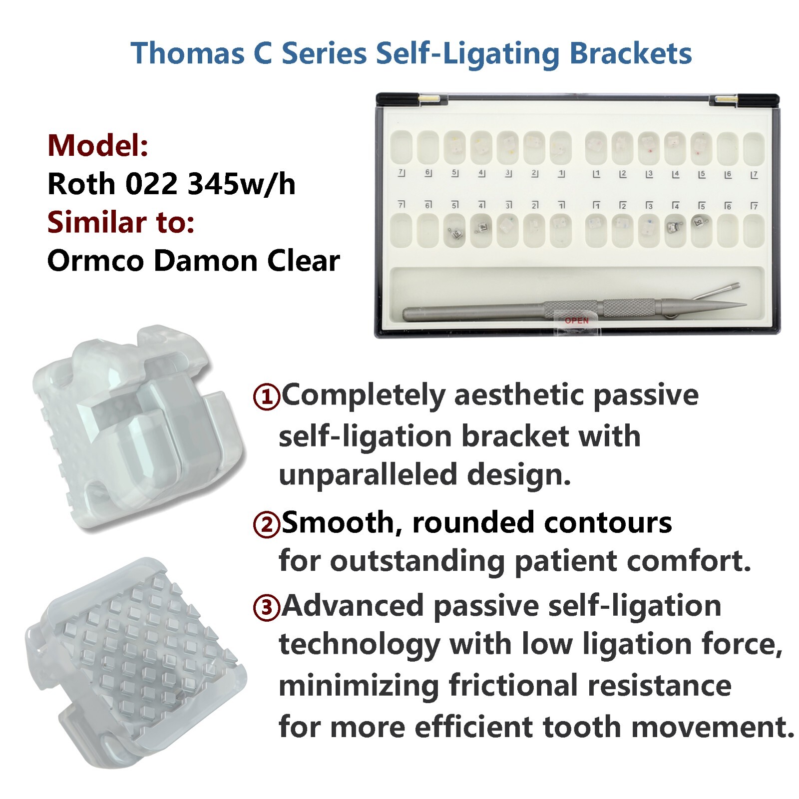 Dental Orthodontic Self Ligating Ceramic Brackets Roth MBT 022 345 Hooks 5-5