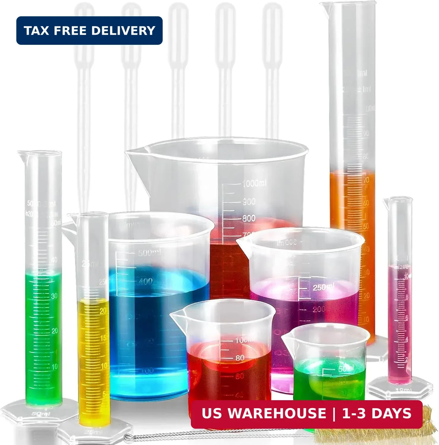 moveland Plastic Graduated Cylinders and Beakers with 5 Pipettes, 10ml 25ml 50ml