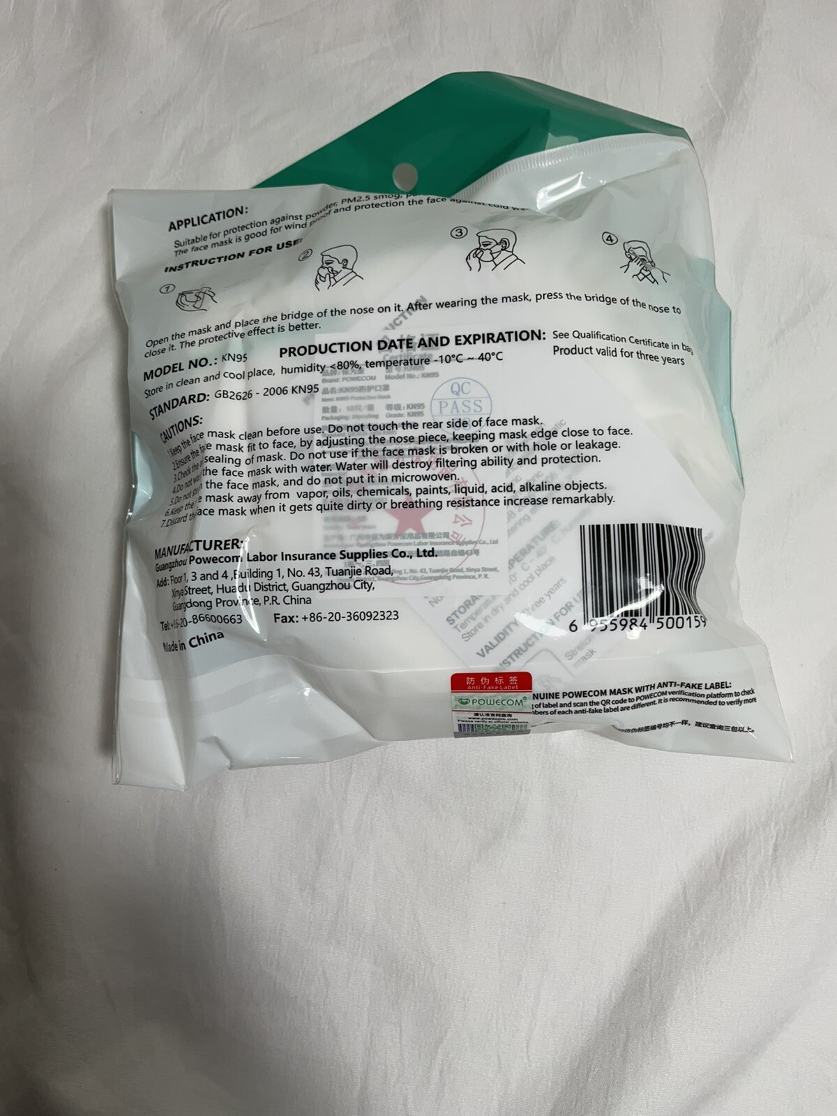 Powecom KN95 Protective Face Mask Respirator GB2626-2006 White 10 Pieces