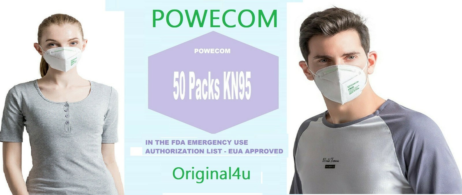 [50 PACK] Powecom KN95 Protective Face Mask BFE 95% PM2.5 Disposable Respirator