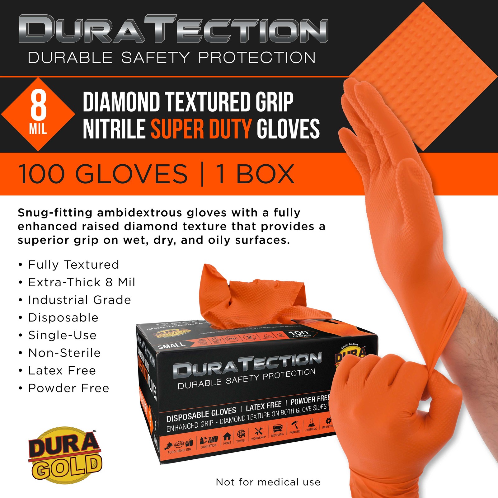 Small 8 Mil Orange Super Duty Diamond Textured Nitrile Disposable Gloves 100/Box