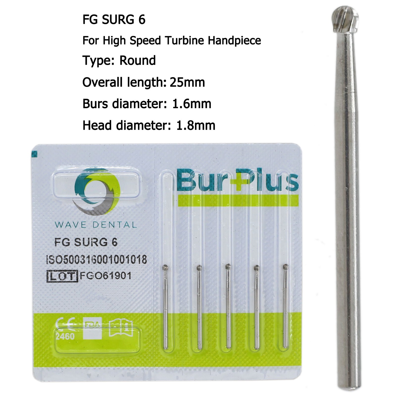 Wave Dental Surgical Round Burs Long Shank High Speed Bur Carbide FG SURG 2 4 6