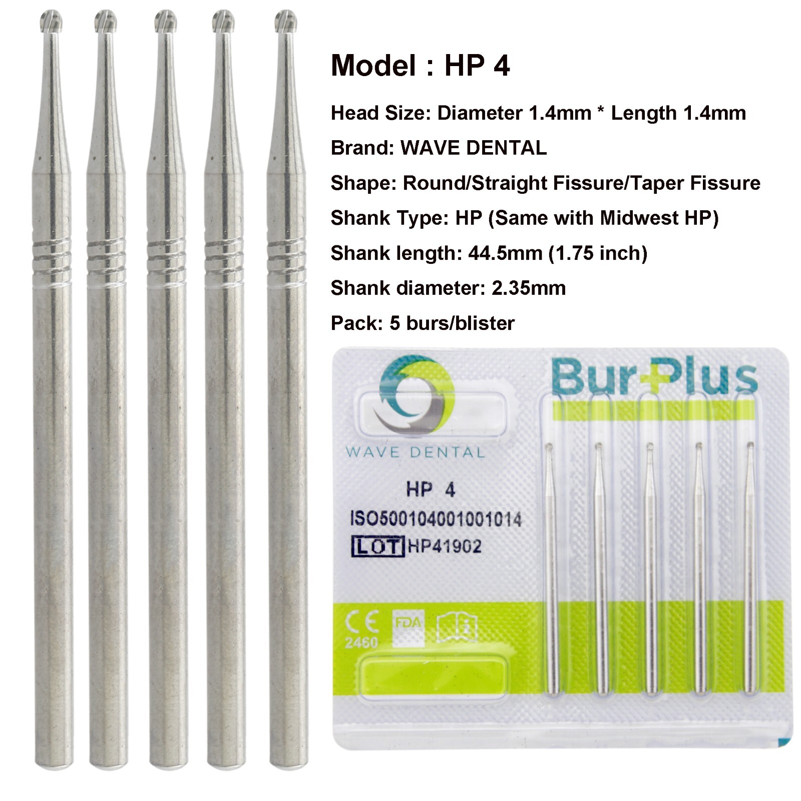 Wave Dental Round Tungsten Carbide Burs HP 44.5mm Shank for Straight Handpiece