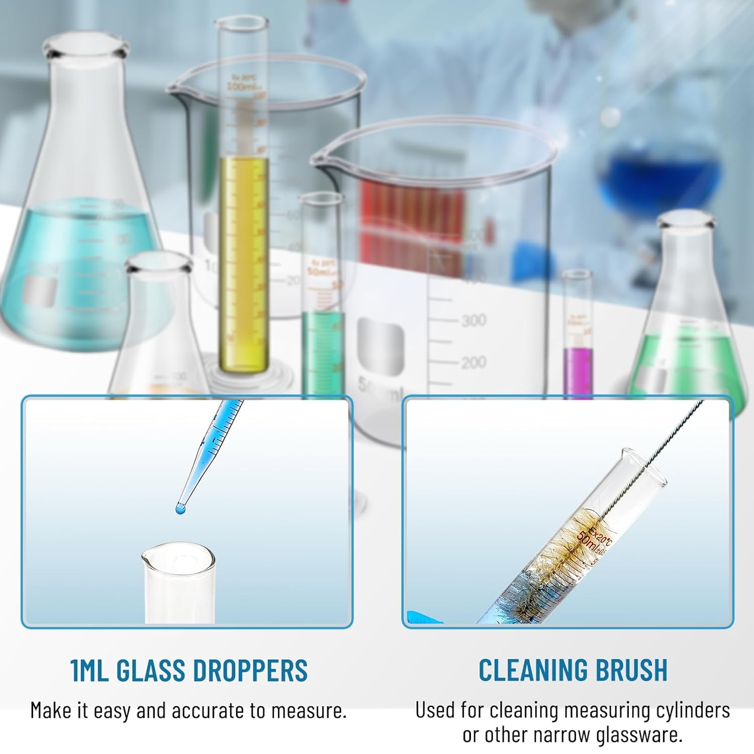 14 Pcs Measuring Beaker Set Lab Flask Glass Graduated Cylinder with Stirring Rod