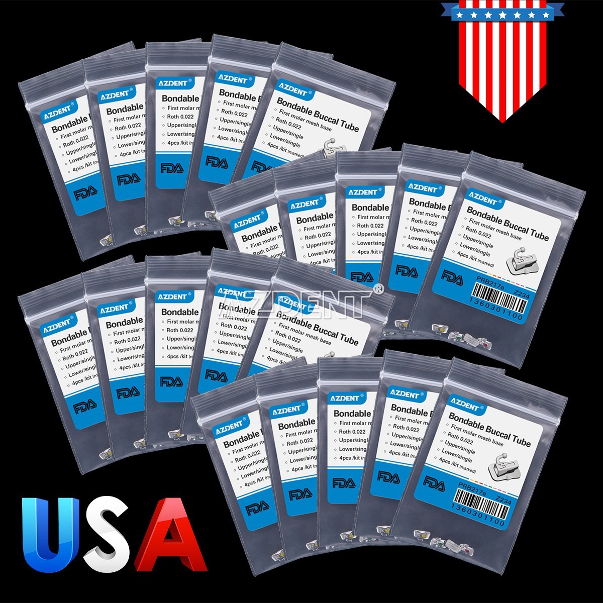 AZDENT Dental Orthodontic Bondable Buccal Tube 1st Molar MBT/Roth.022 Non-Conv