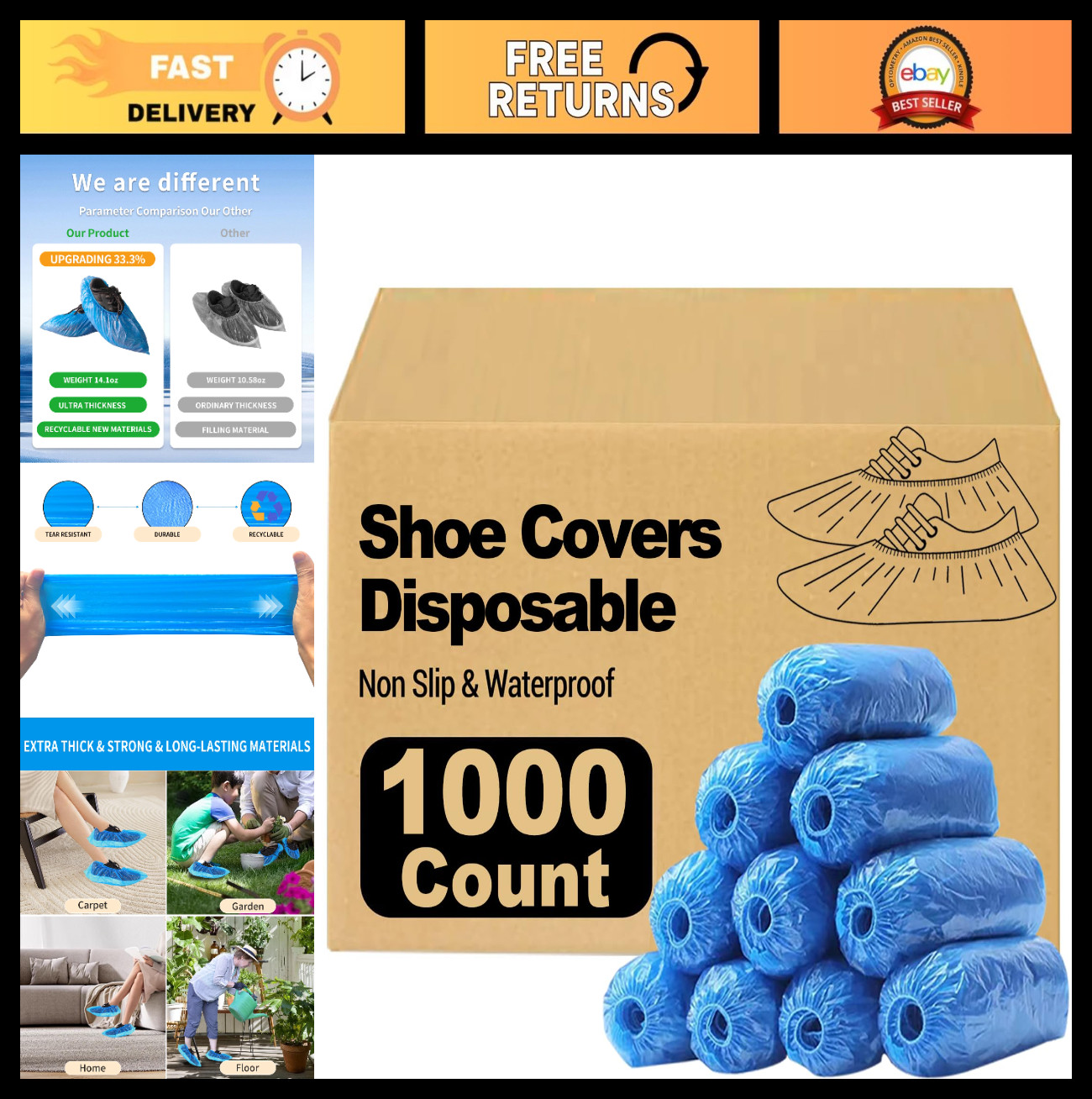 1000 Disposable Shoe Covers – Waterproof, Non-Slip Booties for Indoor/Outdoor Us
