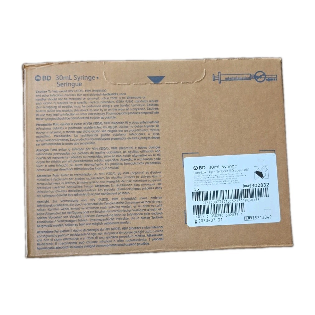 1 BOX OF BD 30ML SYRINGE, 302832 LUER-LOK TIP 56 Count