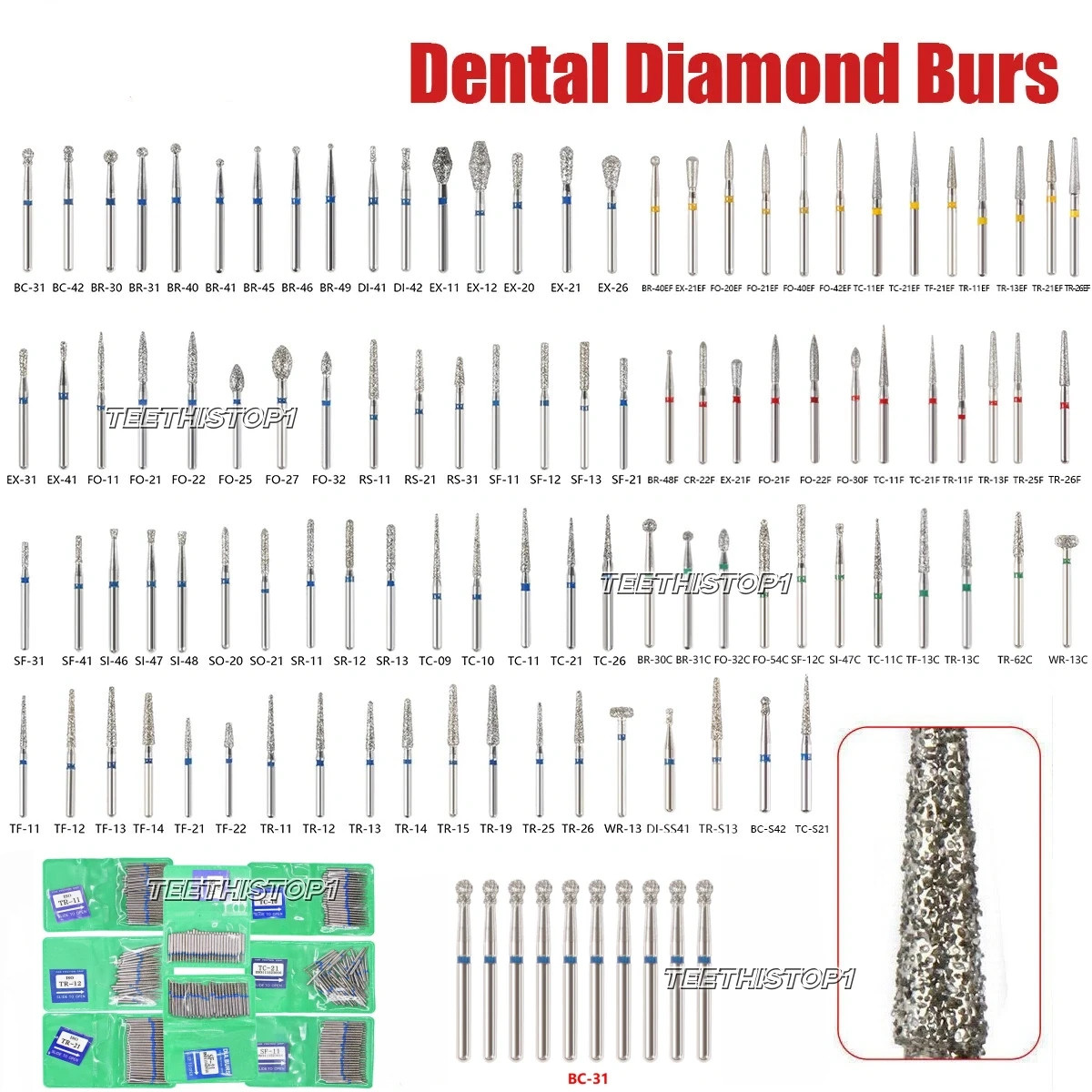50 Pcs Dental Diamond Burs FG High Speed for Polishing Smoothing Teeth Polishers
