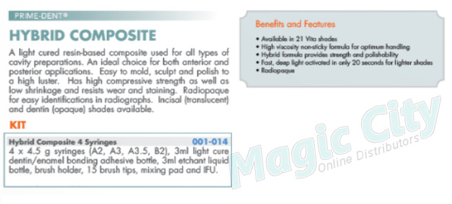 Prime-Dent Light Cure Hybrid Dental Resin Composite 4 Syr Kit (A2, A3, A3.5, B2)