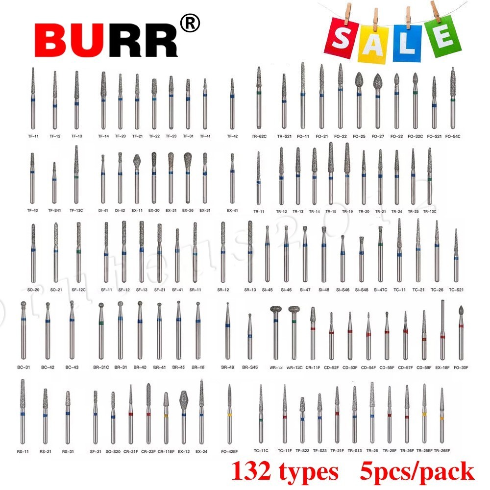 100 Types Dental FG Diamond Burs For High Speed Handpiece Friction Grip 50pcs