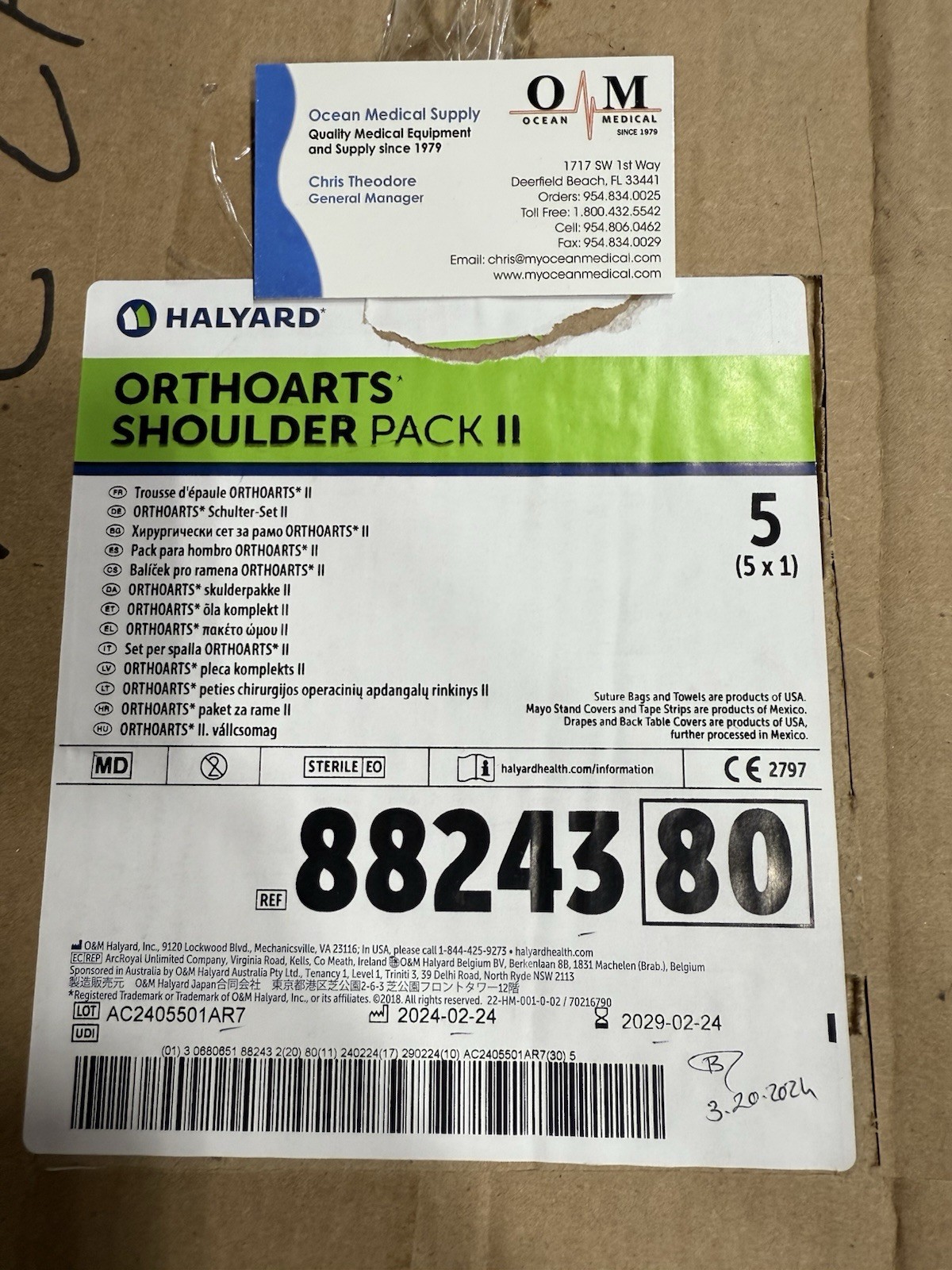 Halyard 88243 – Ortharts Shoulder Pack II, Case Of 5 Each, 2029 Expiration.