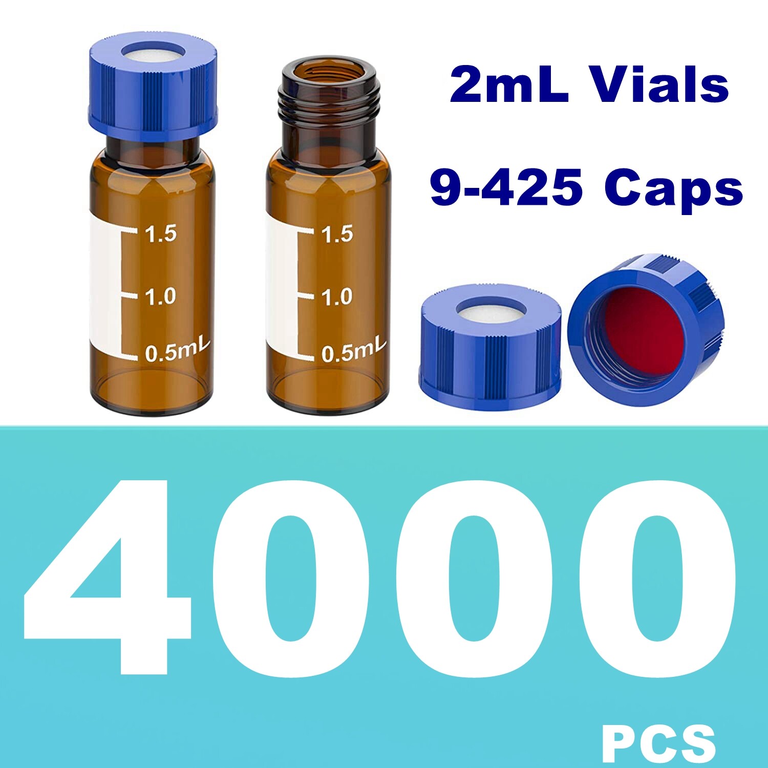 4000pcs HPLC Autosampler Amber 2mL Glass Vials 9mm Screw Caps Lab Smple Bottles