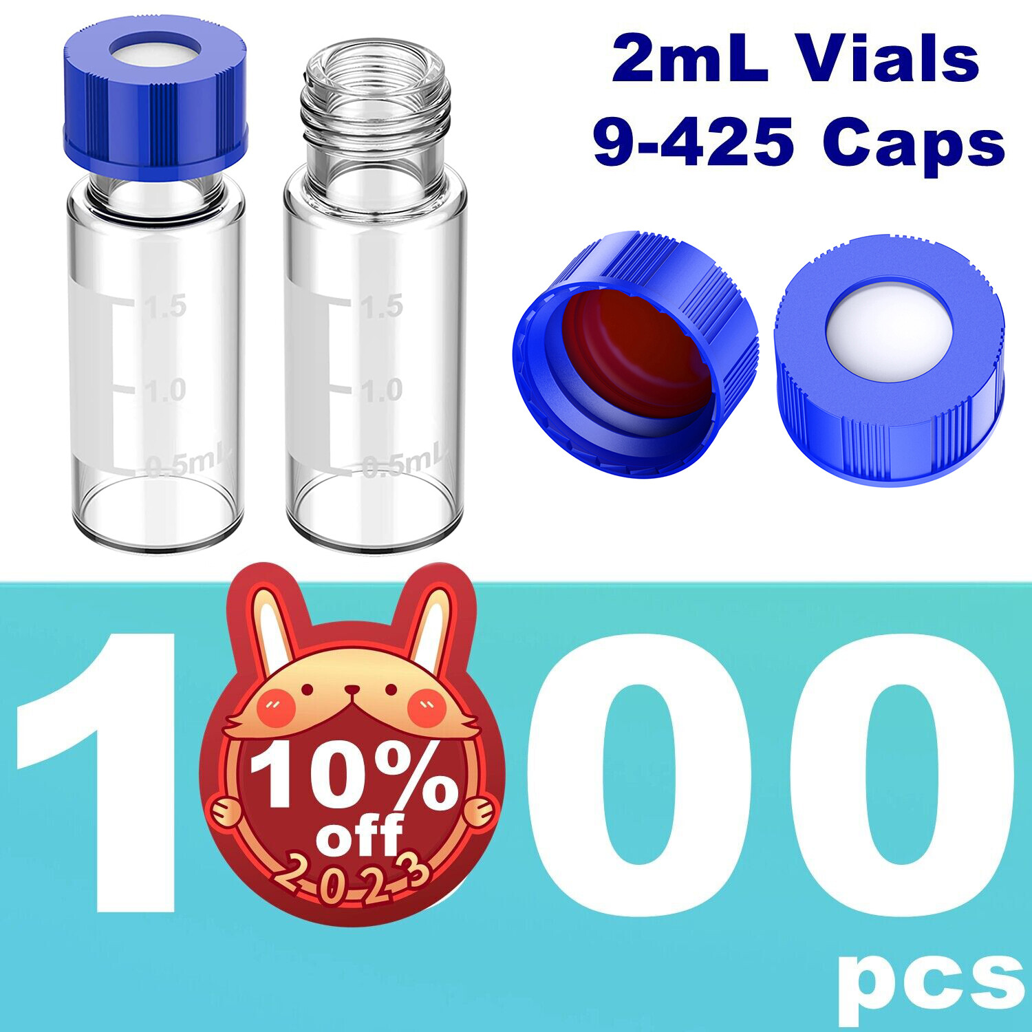 1000pcs 2ml Sample Vials+Screw Caps Clear Glass Bottles 9-425 HPLC GC PTFE 9mm