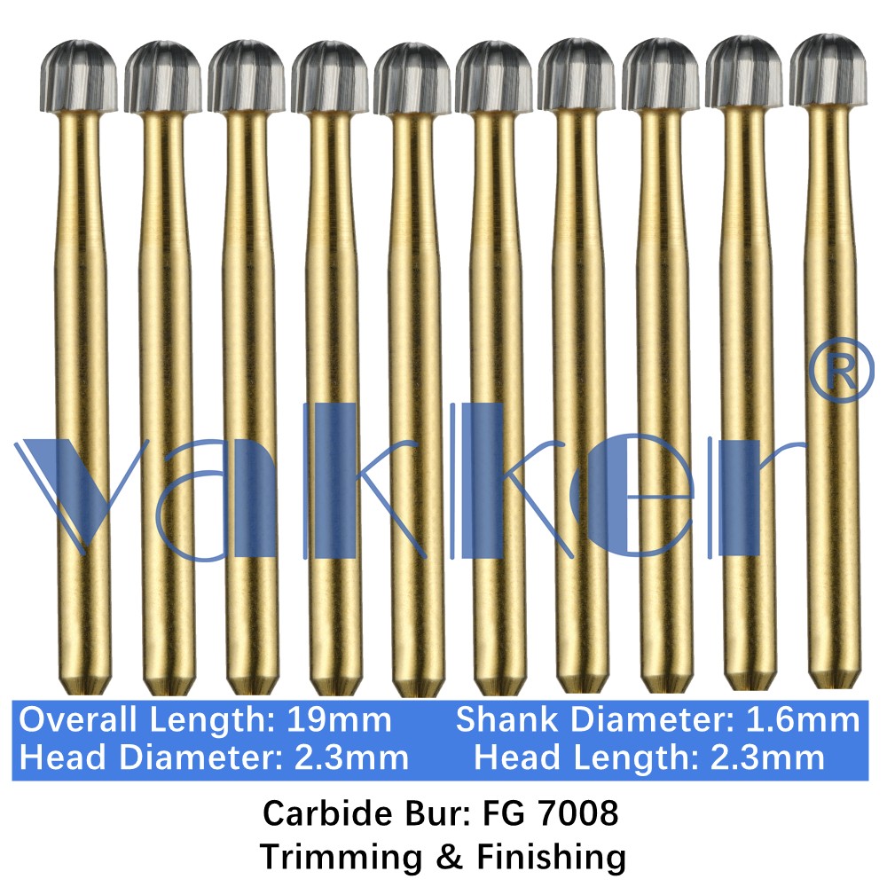10-100pcs Vakker Dental Trimming Finishing Carbide Burs Gold Round Burs FG 7008