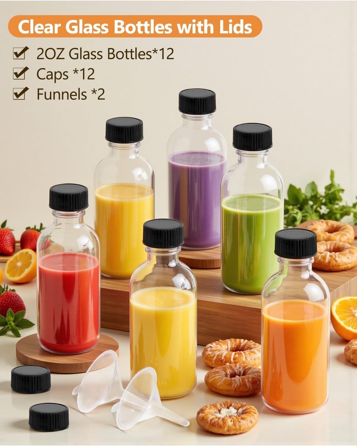 2OZ Small Glass Bottles with Lids and Funnels, 60ml Boston 12Pack, Clear