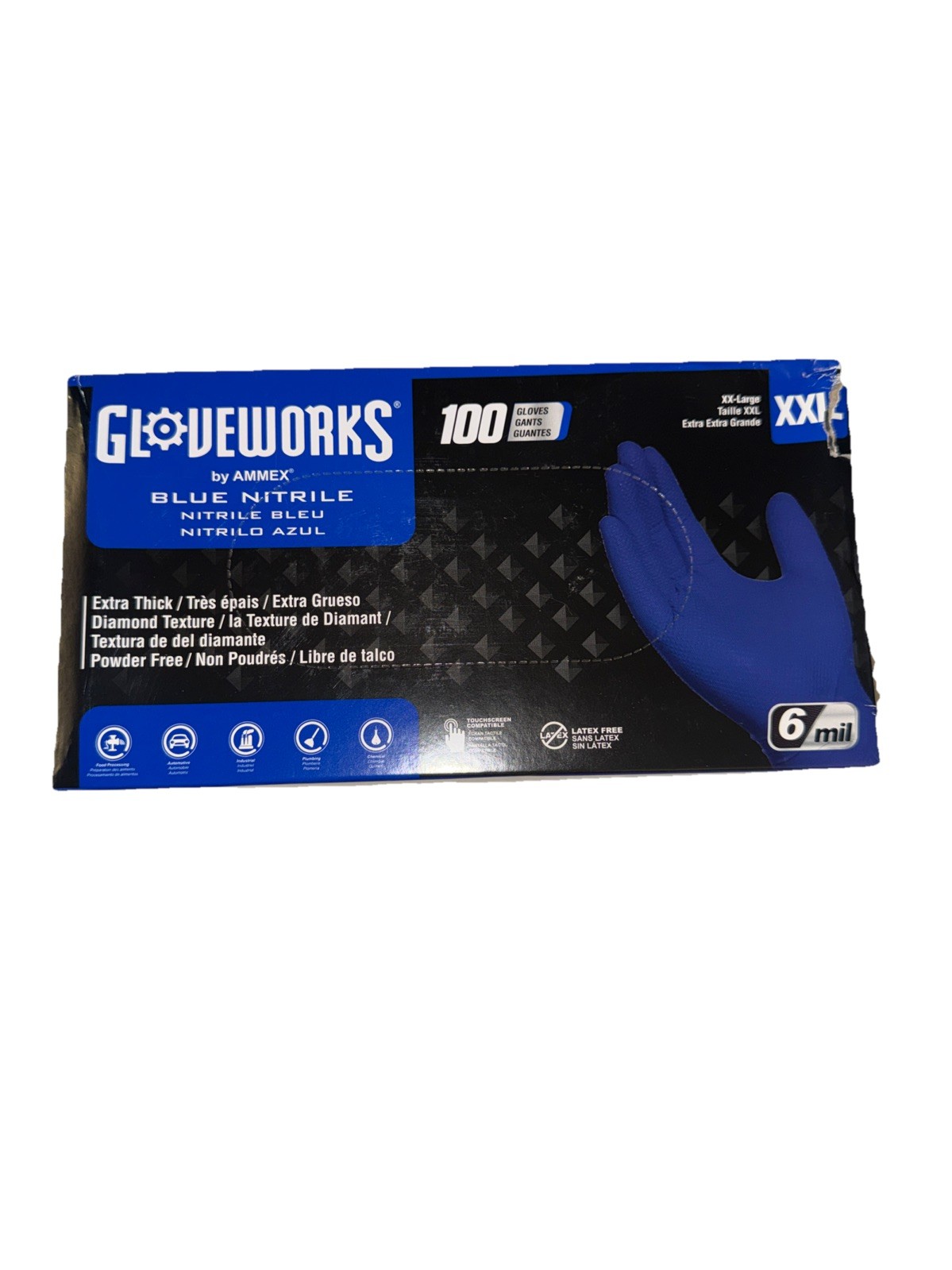 Ammex GWRBN49100 Gloveworks Blue Nitrile Powder Free Industrial Gloves, 6 Mil