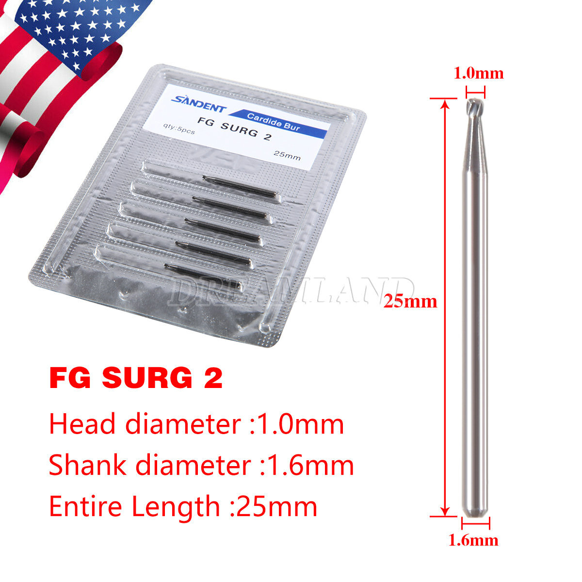 5Pcs/Pack Dental Surgical Round Burs FG 2 3 4 5 Carbide Length Bits Long Shank