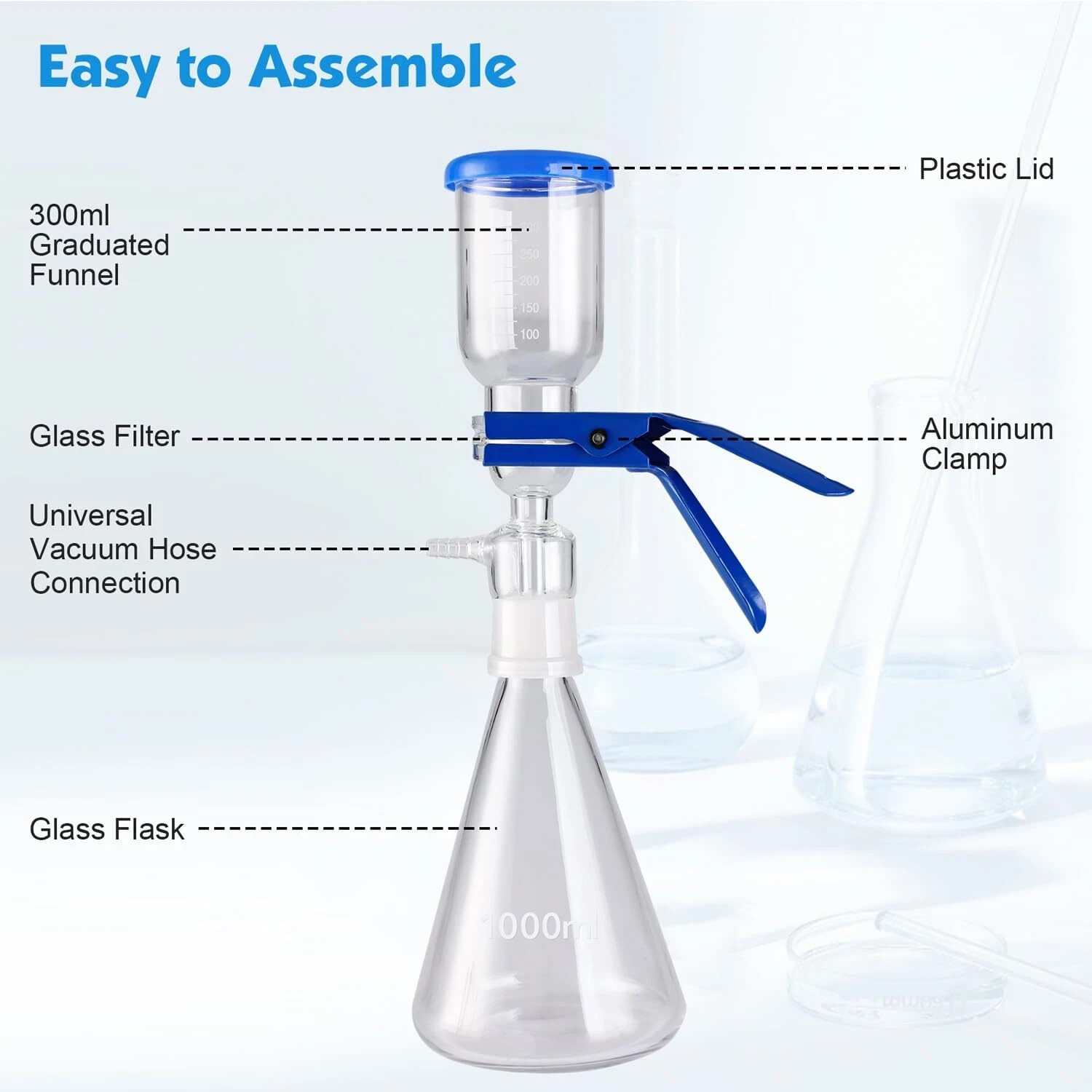 1000mL Lab Vacuum Filtration Flask Glass Suction Filtering Kit Base Funnel Clamp
