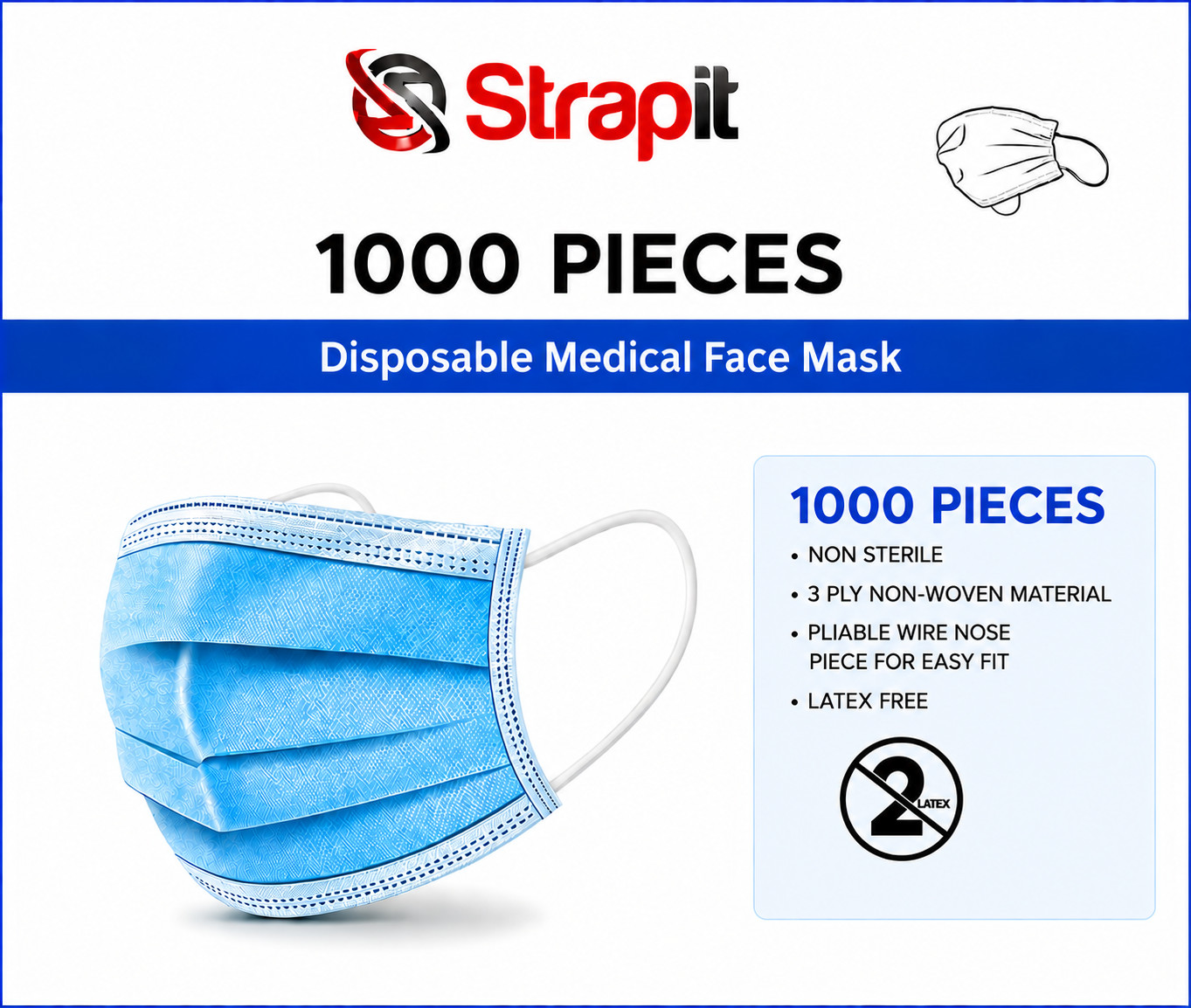 Strapit Disposable Medical Face Mask Level 1 (Pack of 1000)