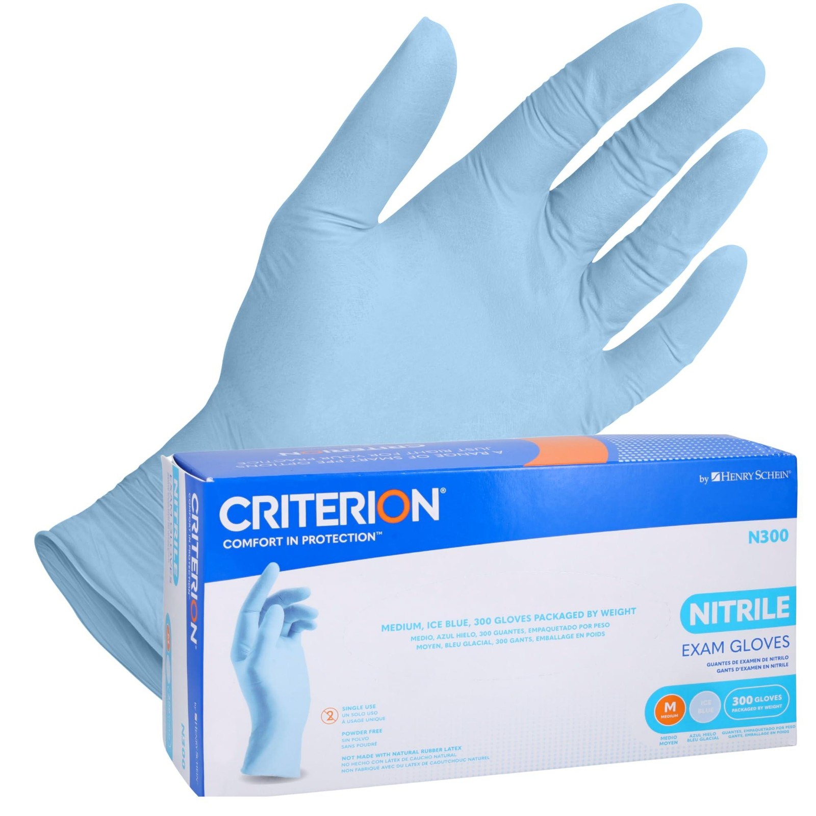 Henry Schein Criterion N300 Ice Blue Nitrile Exam Gloves, Chlorinated, Non-Steri